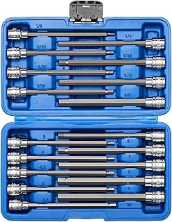 AIRTOON 3/8 Inch Drive Extra Long Allen Hex Bit Socket Set, 18-Piece (1/8 Inch - 3/8 Inch, 3mm - 10mm), SAE & Metric, S2 Steel Bits, CR-V Sockets