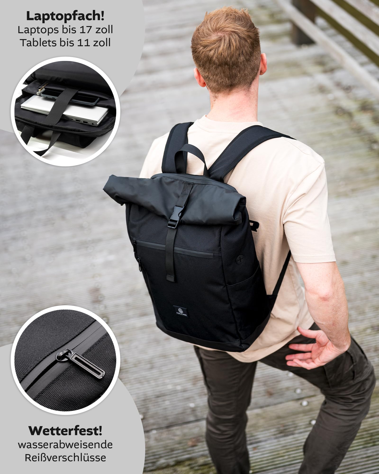 Nouvari Rolltop Rucksack Herren Damen Wasserabweisender Rucksack schwarz mit 17" Laptopfach für Uni Arbeit Freizeit Reiserucksack Groß Backpack Wanderrucksack Rollrucksack 30l