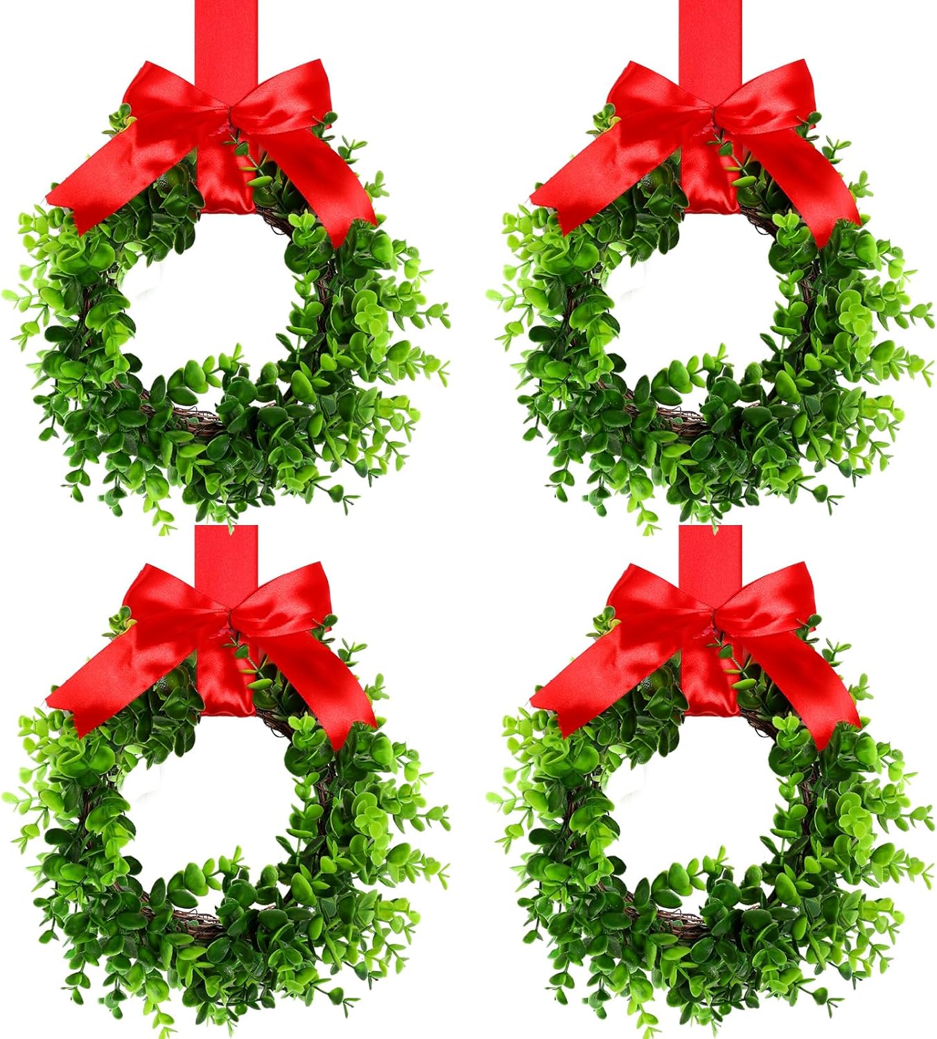 Jexine 12 Pcs Mini Christmas Wreath for Kitchen Cabinet Christmas Small Wreath with Red Bow Ribbon for Window Front Door Chair Wall Fireplace Xmas Artificial Greenery Decoration