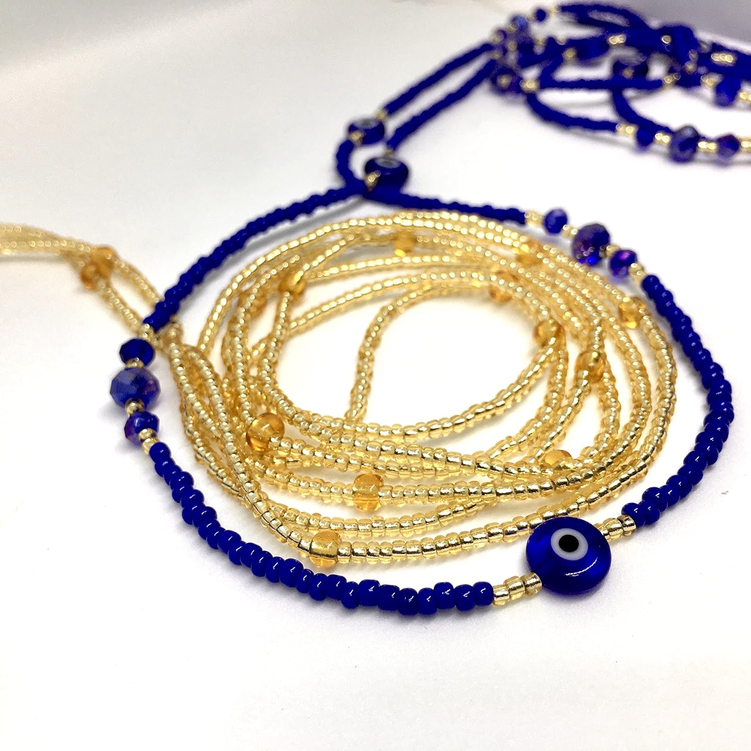 Royal blue & Gold Belly beads, Evil Eye Waist bead, Tie-on belly bead, Beaded Waist Chain, 42 inches, Waist beads for weight loss, (Royal blue and Gold (2 pcs)