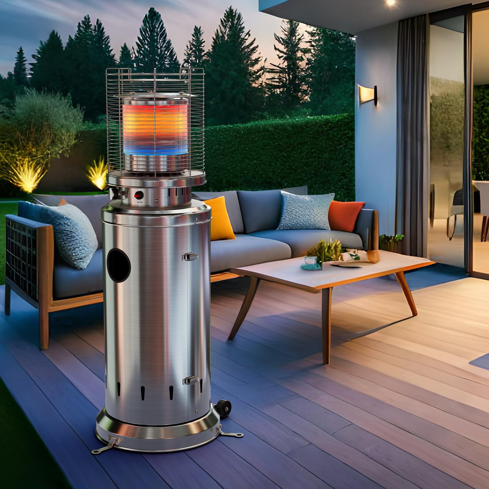 TLSUNNY Heizstrahler Terrasse, mit Schutzhülle und Piezoelektrische Zündung | Edelstahl Terrassenstrahler mit 2PCS Rädern, Terrassenheizer mit Heringen, 6,5 kW Gas Heizstrahler für Terrasse und Balkon