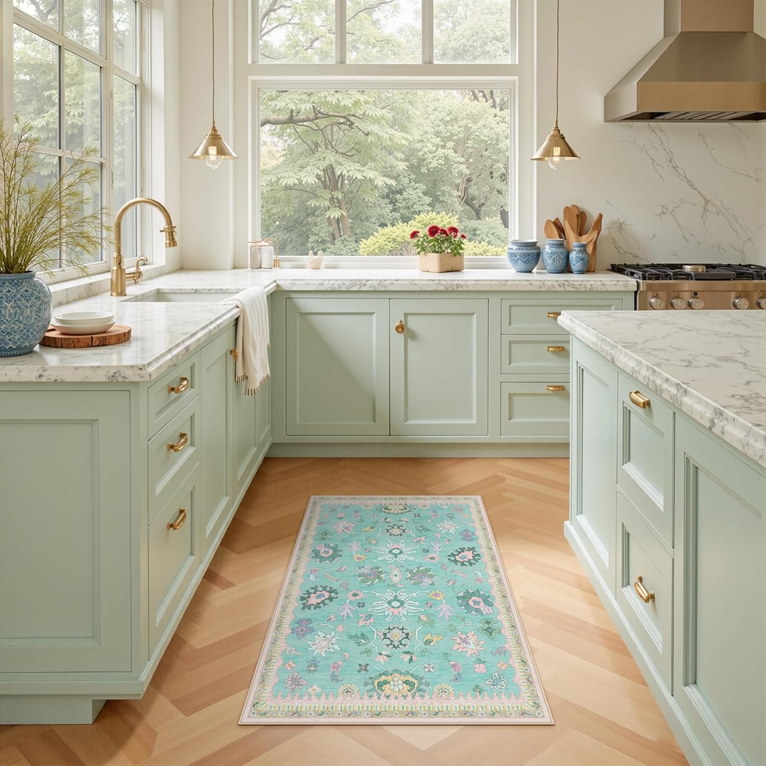 2x3 Washable Entryway Rug- Modern Oushak Rug Vintage Floral Carpet for Bedroom Non-Slip Low Pile Soft Machine Washable Doormat for Indoor Entrance, Laundry, Kitchen, Bathroom (2'x3', Green and Pink)