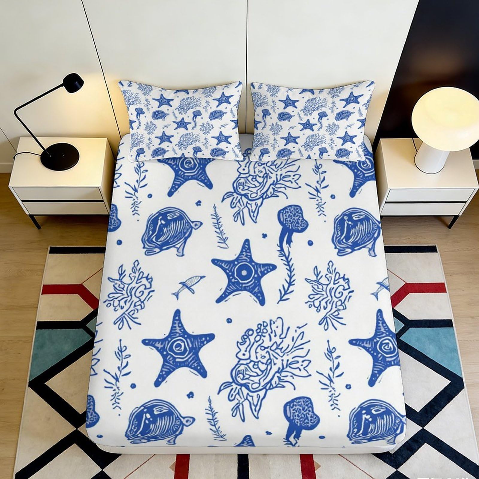 3D Printed Ocean Starfish Fitted Sheet Microfiber Soft Blue Coral Mattress Cover for Bedroom Dorm Protective Decor, Machine Washable 90x200x25cm