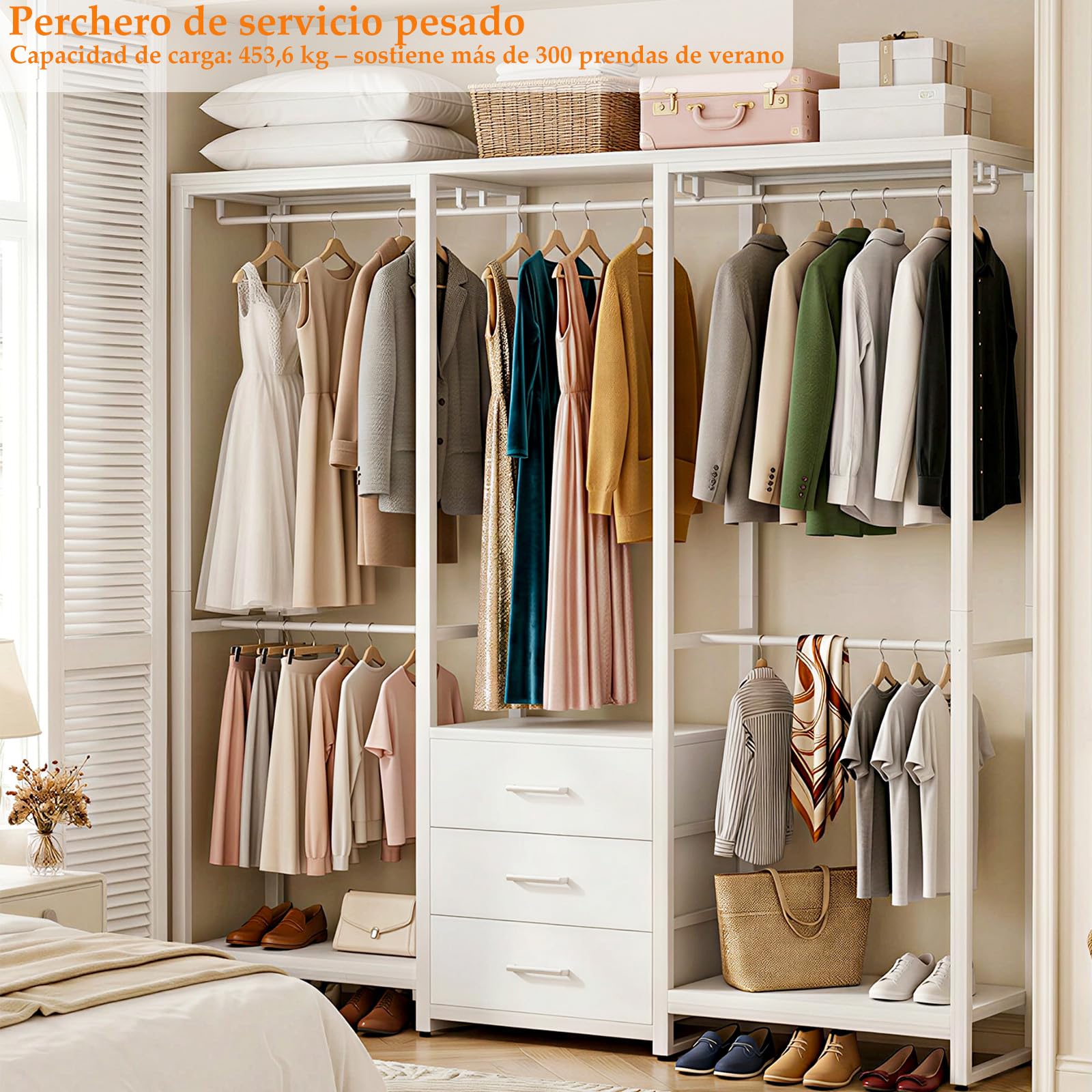 Homieasy Armario Abierto Con 5 Barras Y 3 Cajones De Tela | Estructura De Metal Y Paneles De Madera, Capacidad De Carga Hasta 450 Kg, Para Dormitorio, Vestidor O Pasillo