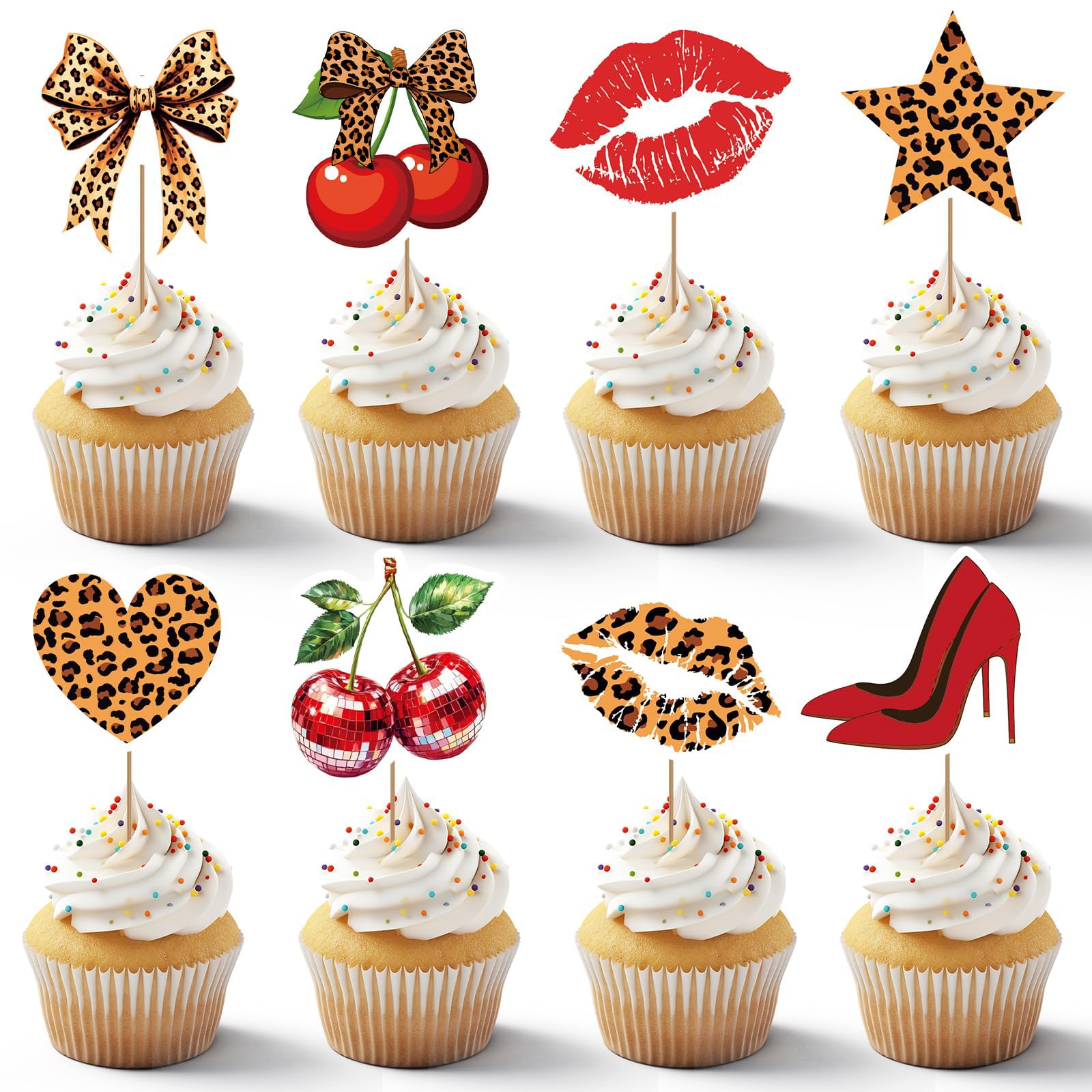 Tazuxetuqe Cheetah Cherry Cupcake Decorations 48 Pieces Leopard Cherry Cake Toppers with Red Lips High Heel Cupcake Embellishments Cheetah Cherry Birthday Party Desserts