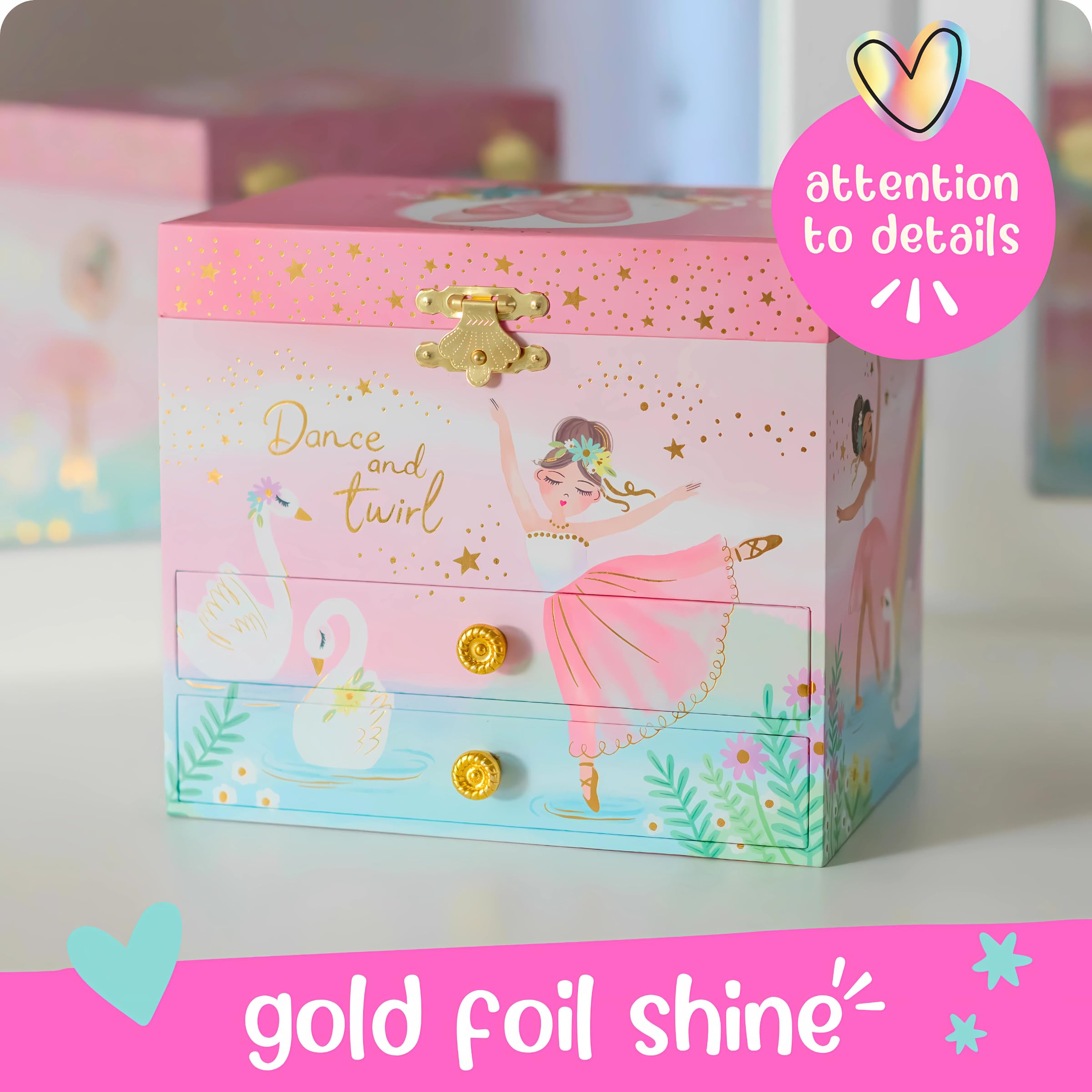 Musical Ballerina Jewelry Box for Girls - Kids Music Box with Spinning Ballerina, Ballet Birthday Gifts for Little Girls, Jewelry Boxes, 6.8 x 5.3 x 6 in - Ages 3-10, Pink