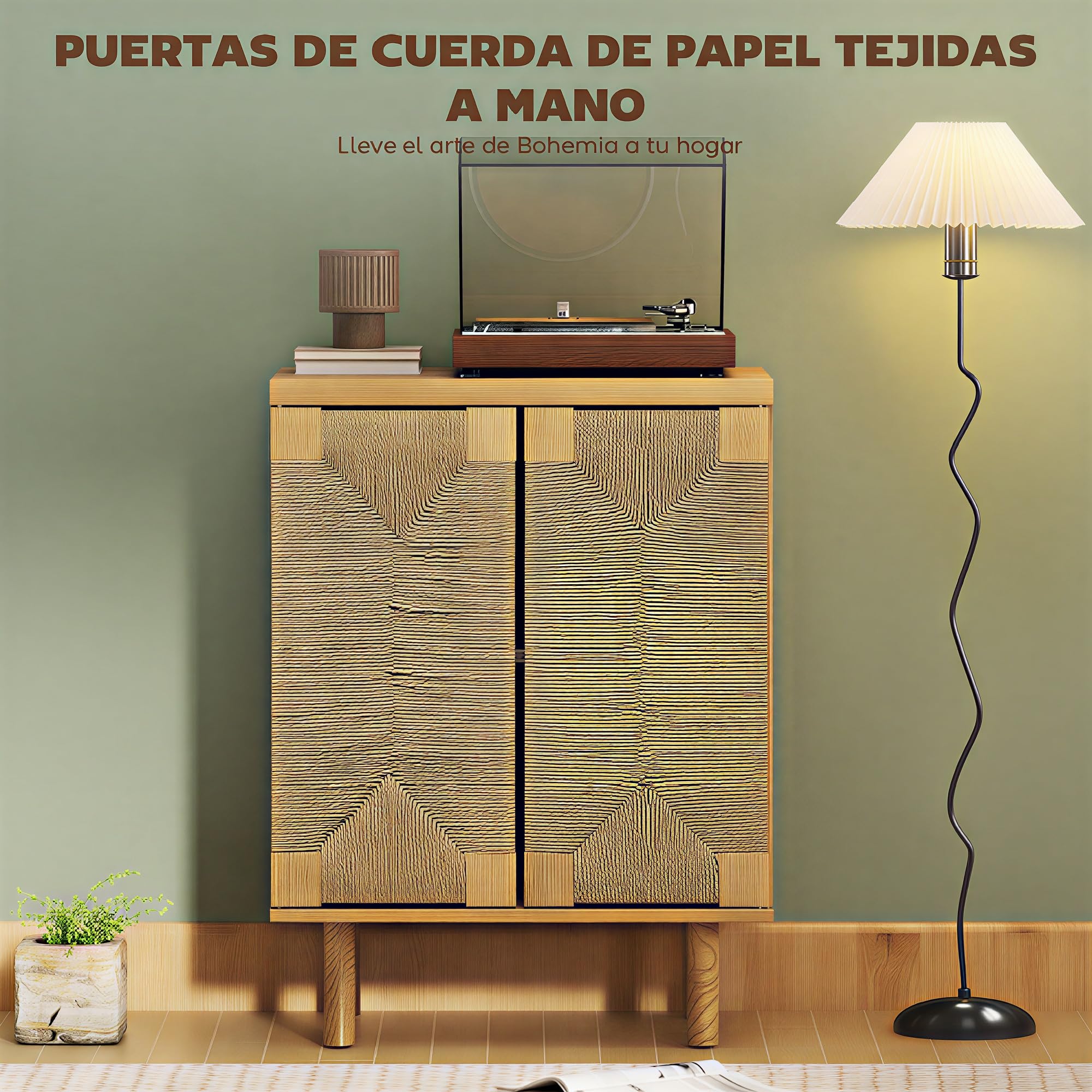 HOMCOM Aparador Bohemio de 2 Puertas con Cuerda Trenzada Roble 60x40x78 cm | Manual, Aparador de Salón, Estante Regulable, Apertura Push, Patas de Madera