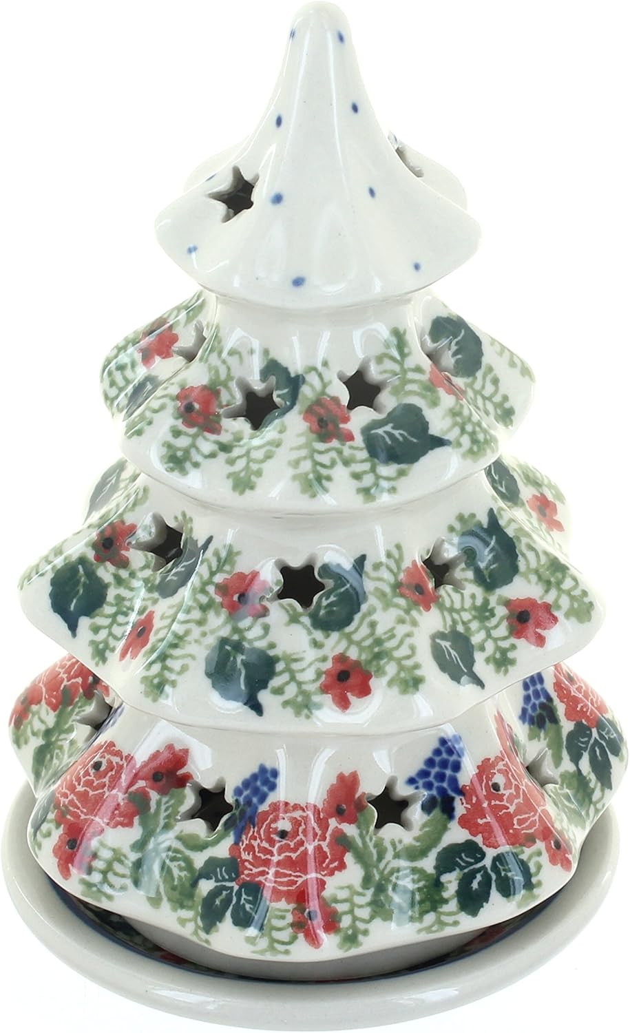 Blue Rose Polish Pottery - Blue Winter Bells Small Christmas Tree Luminary - 6" Tall - Hand-Painted Polish Pottery Holiday Candle Holder, Unique Christmas Gift & Festive Décor