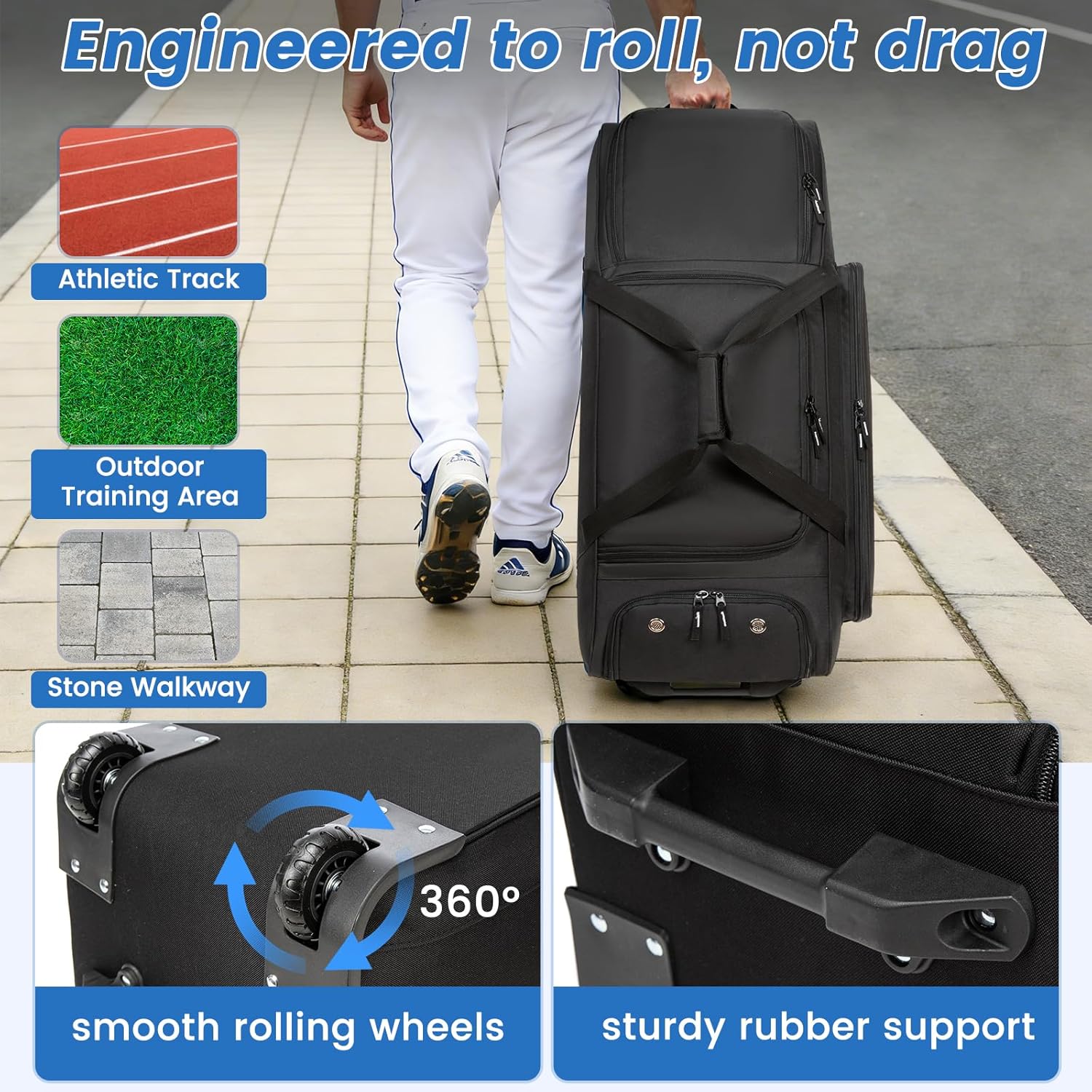 Rolling Baseball Catchers Gear Bag with Wheels, Large Baseball Softball Bag for 4 Bats with Shoe Compartment, Fence-Hooks and Multi-Pockets.