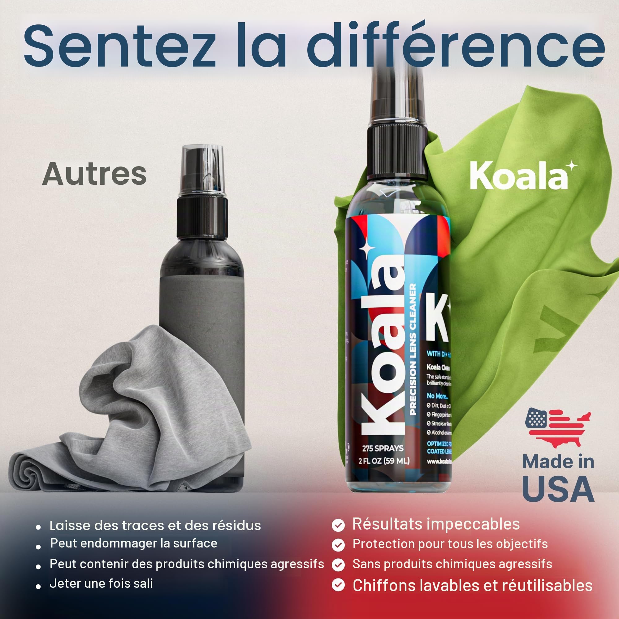 Koala Lot de 3 flacons de nettoyant pour lunettes fabriqué en Amérique 57 ml + 1 chiffon koala sans traces et sans alcool Nettoyant pour lunettes soigneusement conçu sans danger pour toutes les