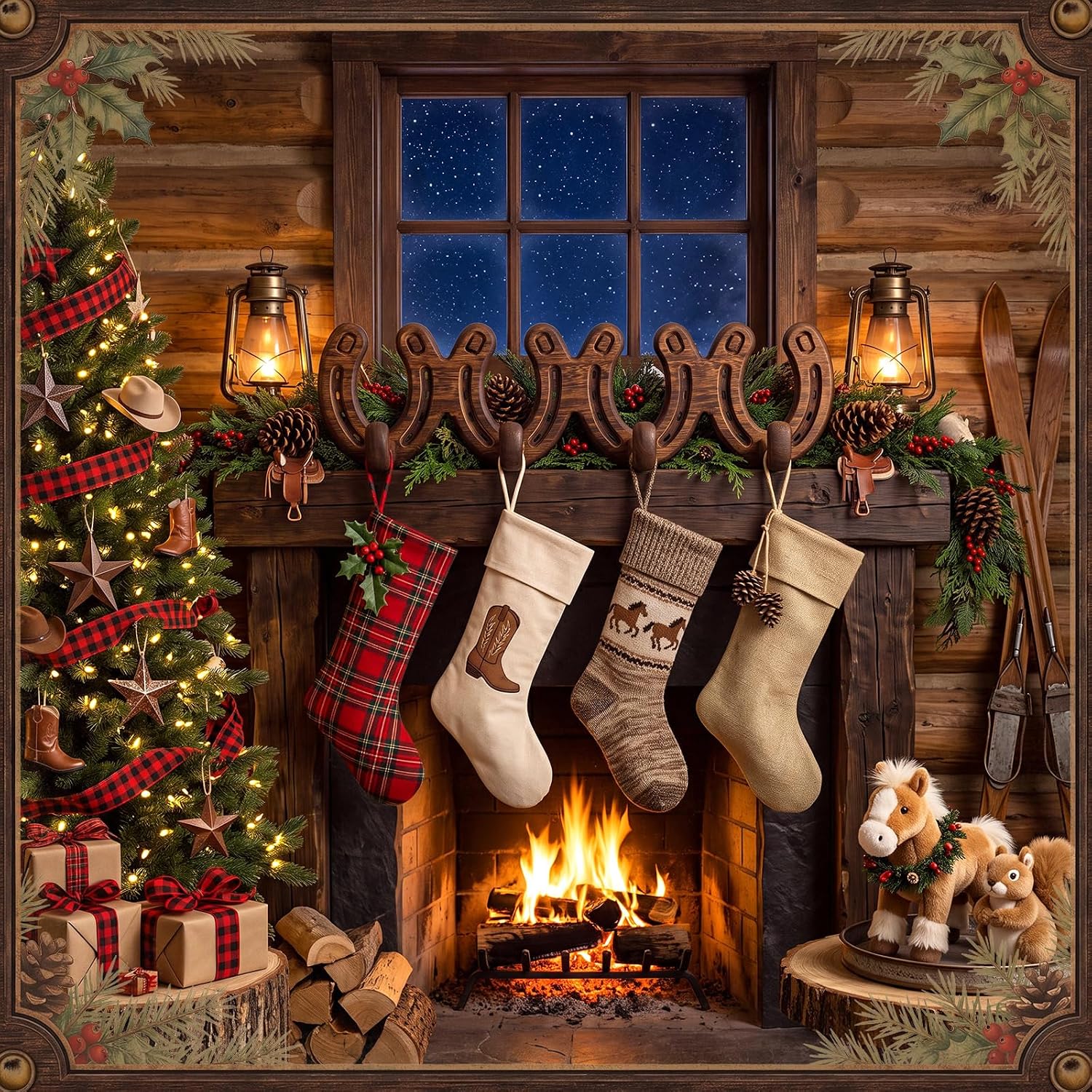 4 Pack Christmas Stocking Holders for Mantel Horseshoe Heavy Duty Cast Iron Mantel Hooks Rustic Western Farmhouse Fireplace Decor Anti-Slip Holiday Stocking Hangers for Christmas Decorations