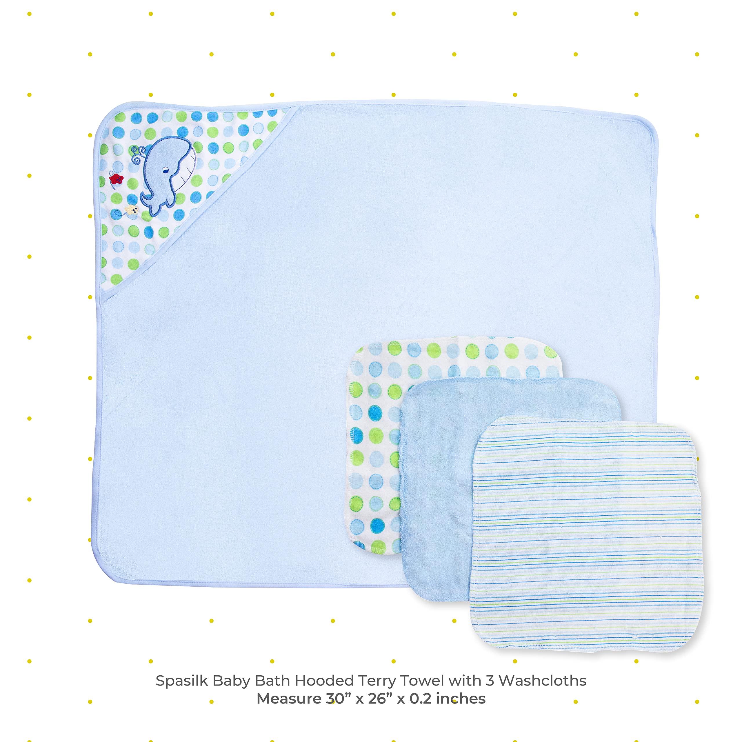 Spasilk Toalla de Rizo con Capucha para baño de bebé con 3 paños, artículos Esenciales de baño para bebé, Talla única, Ballena Azul