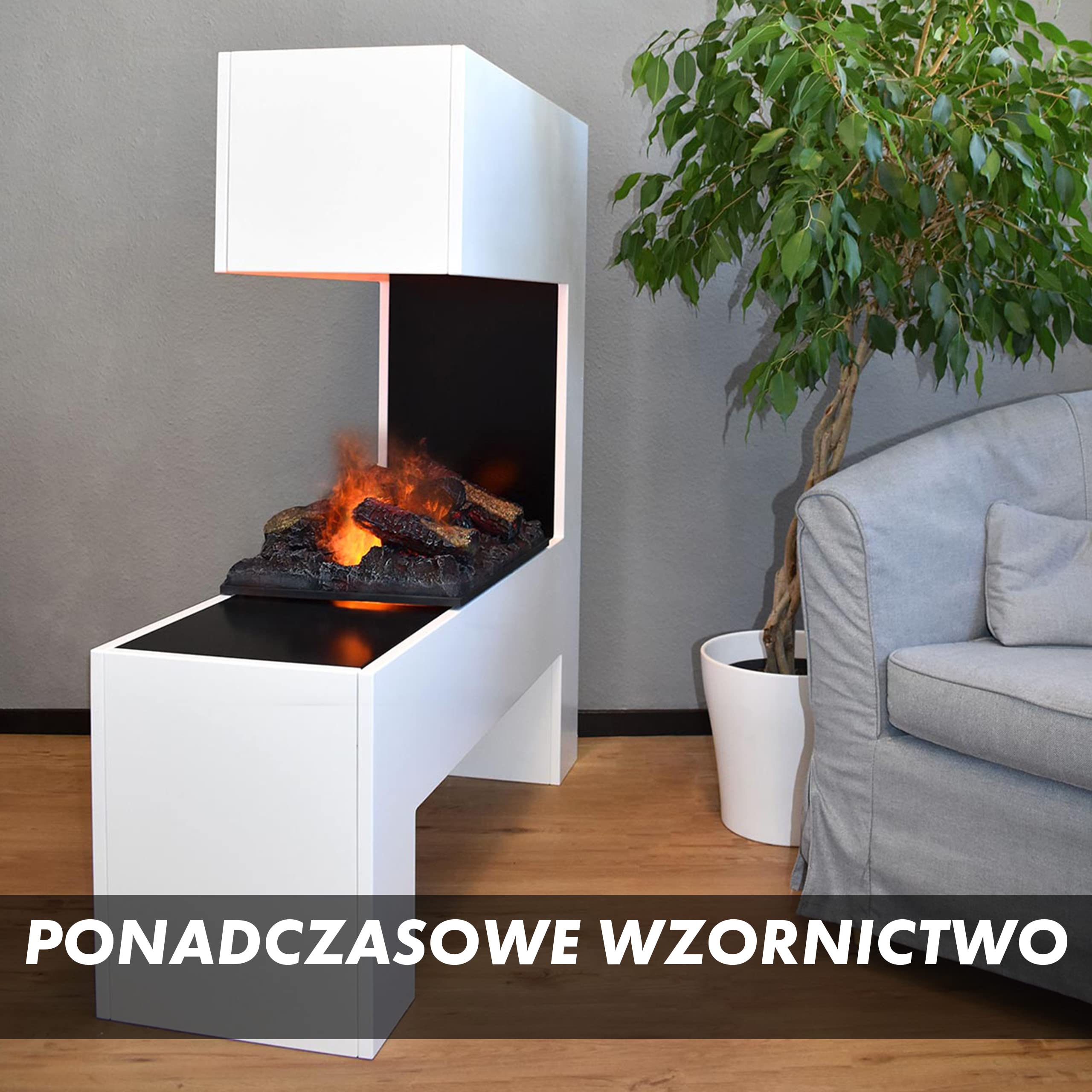 GLOW FIRE Kominek stojący na parę wodną MOZART - Elektryczny z realistycznym efektem 3D LED, trzaskiem, pilotem, 110x120x35 cm - Opti-Myst 500 z dekoracją drewnianą, Biały