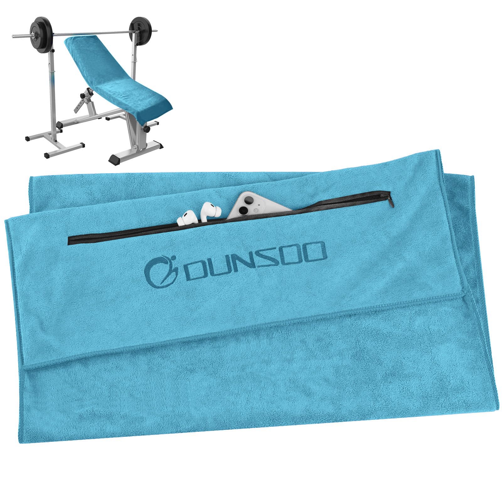 DUNSOO Fitness Handtuch I 120x50cm I Mikrofaser Sporthandtuch mit Reißverschlusstasche für Fitnessstudio und Training I Gym Handtuch (Seeblau)