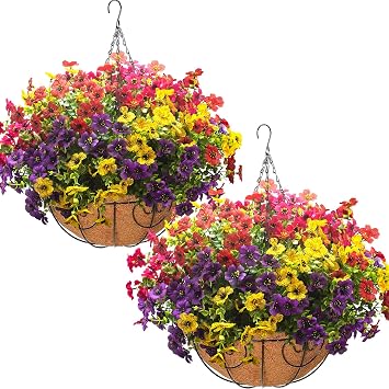 Grunyia 2 Set Artificial Outdoor Flowers with Hanging Basket, 2 Hanging Planters with 24 Pcs Flowers for Spring Summer Front Porch Garden Patio Home Decor