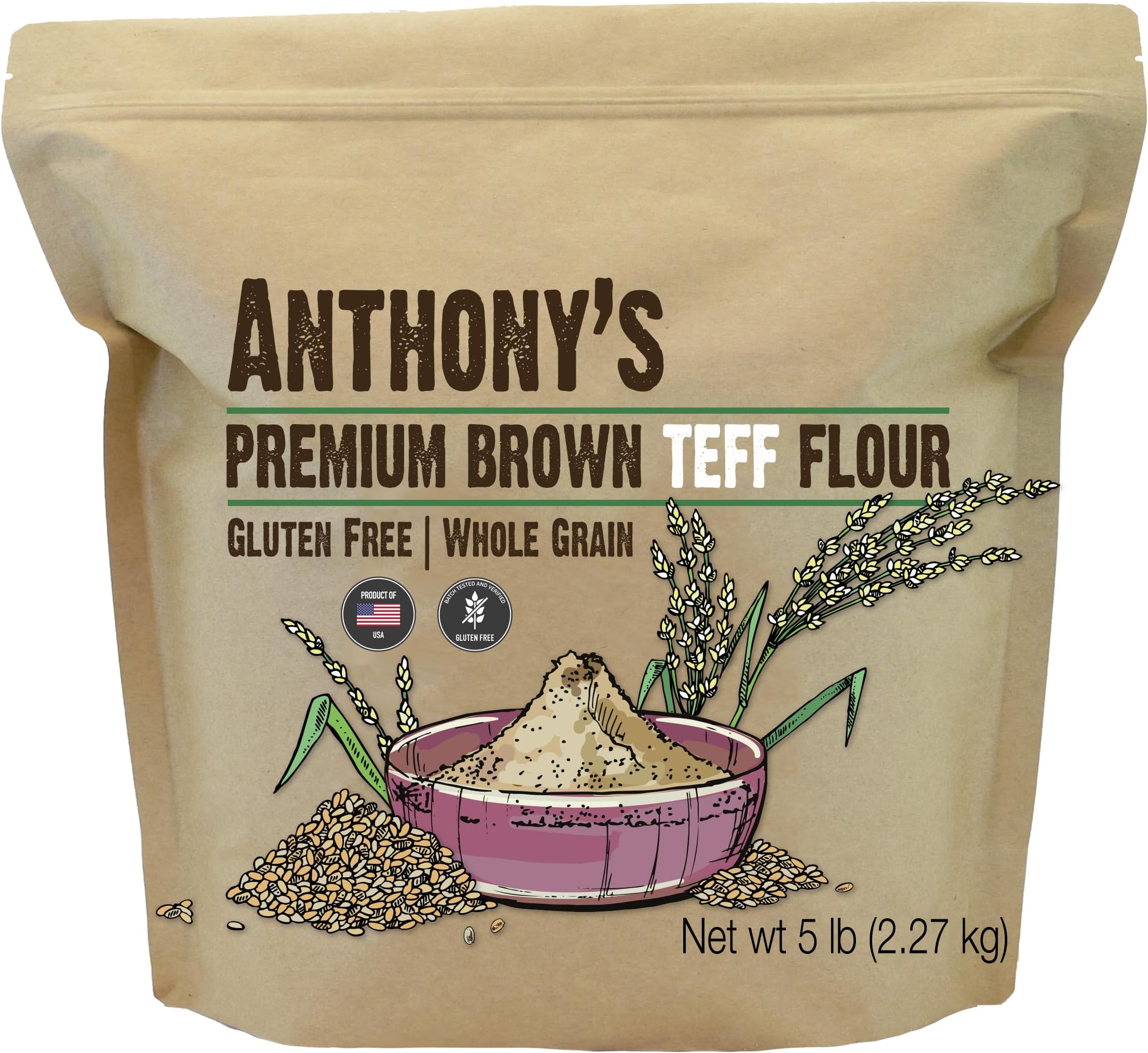 Anthony's Brown Teff Flour, 5 lb, Gluten Free, Non GMO, Vegan