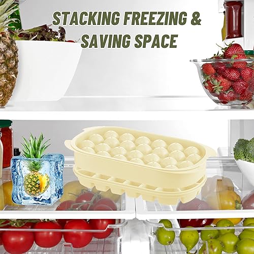 Miniatura 8 de Bandeja para cubitos de hielo, bandejas de hielo de silicona sin BPA, moldes de 2 niveles, cubo de hielo cuadrado redondo con cubierta de tapa,