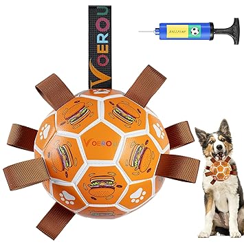 Dog Soccer Ball with Grab Tabs, Voerou Durable Dog Toys, Dog Balls for Small & Medium Dogs, Interactive Dog Toys, Dog Water Toy, Dog Tug Toy for tug of war, Herding Ball for Dogs (6 inch)