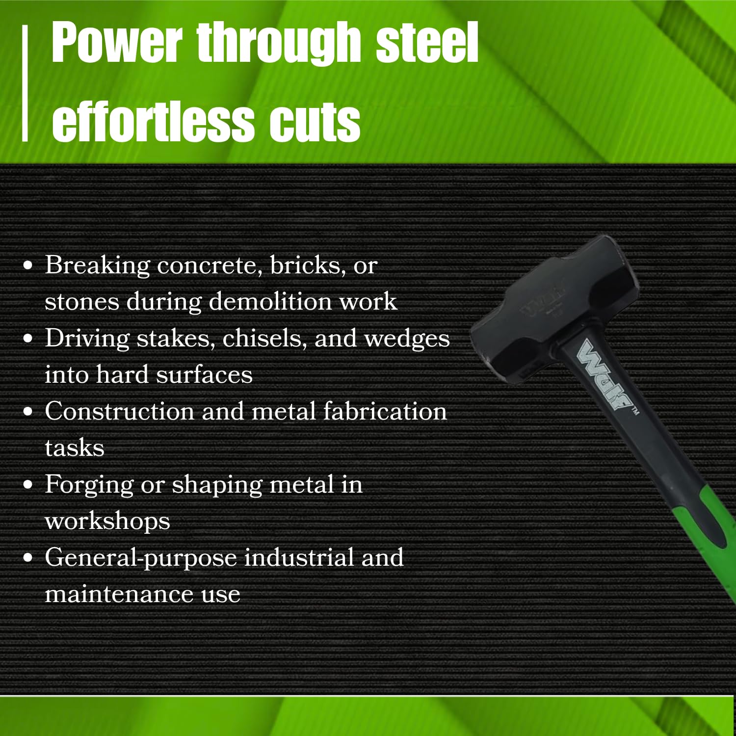 WULF 1400g (3LB) Heavy Duty Sledge Hammer | Forged Steel Head with Shockproof Fiberglass Handle | Anti-Slip Grip for Demolition, Construction & DIY (Black & Green) 2
