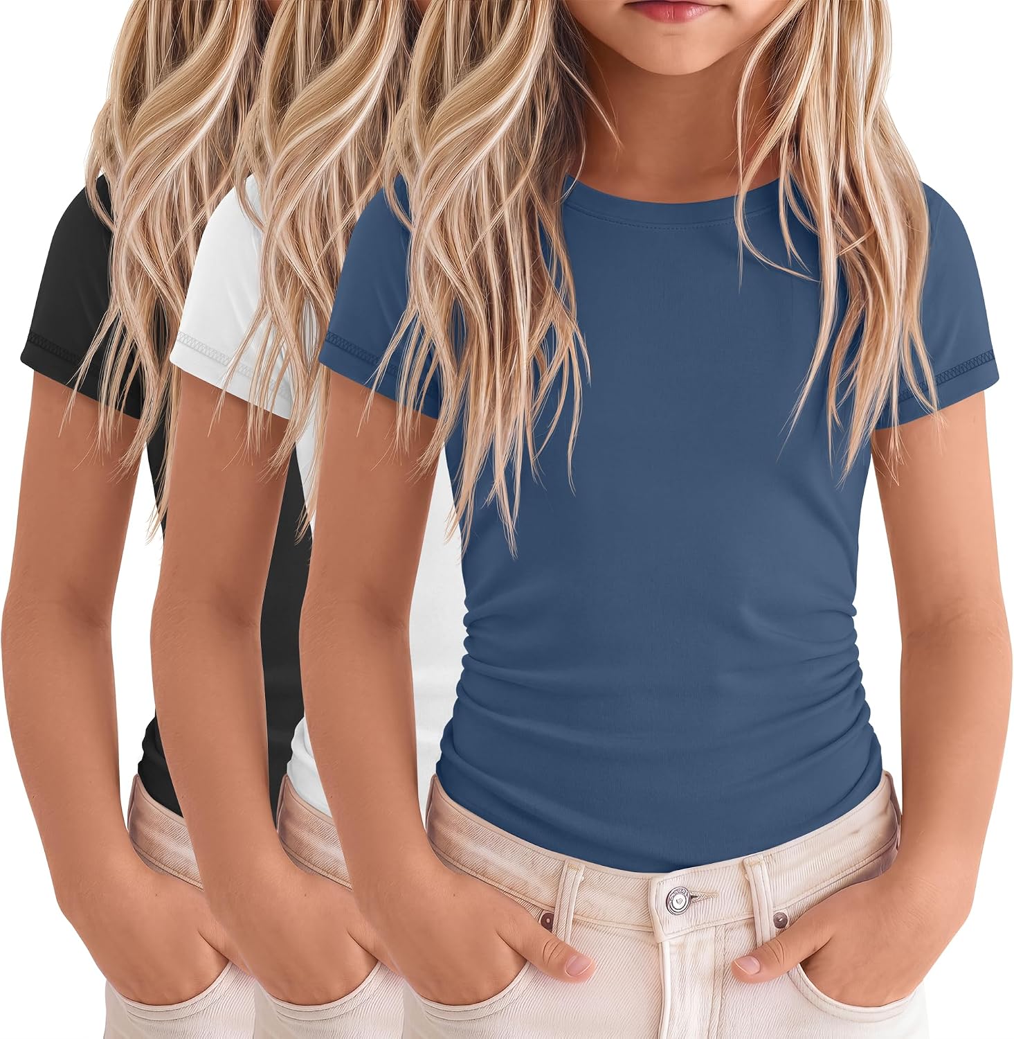 3 Pack Girls Short Sleeve T Shirts Crewneck Slim Fit Tees Ruched Side Summer Basic Tops for Kids 5-14 Years