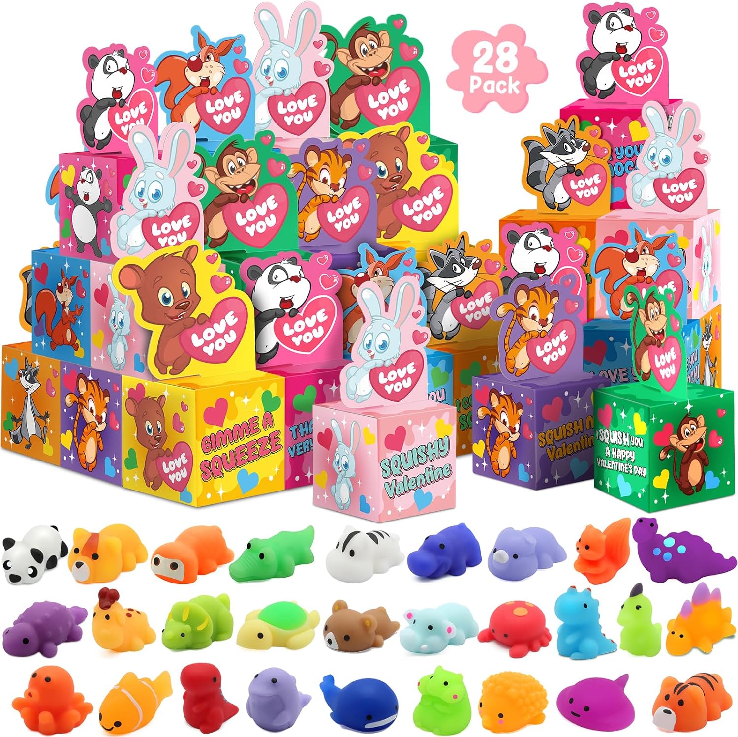 SURCVIO 28 Pack Valentines Day Gifts for Kids, Mochi Squishies Party Favor Set with Greeting Card Boxes for Kids, Valentine Animals Squishies Stress Relief Fidget Toys Classroom Exchange Prizes Gifts