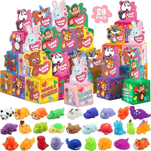 SURCVIO Paquete de 28 regalos para el día de San Valentín para niños, juego de recuerdos de fiesta esponjosos Mochi con cajas de tarjetas de