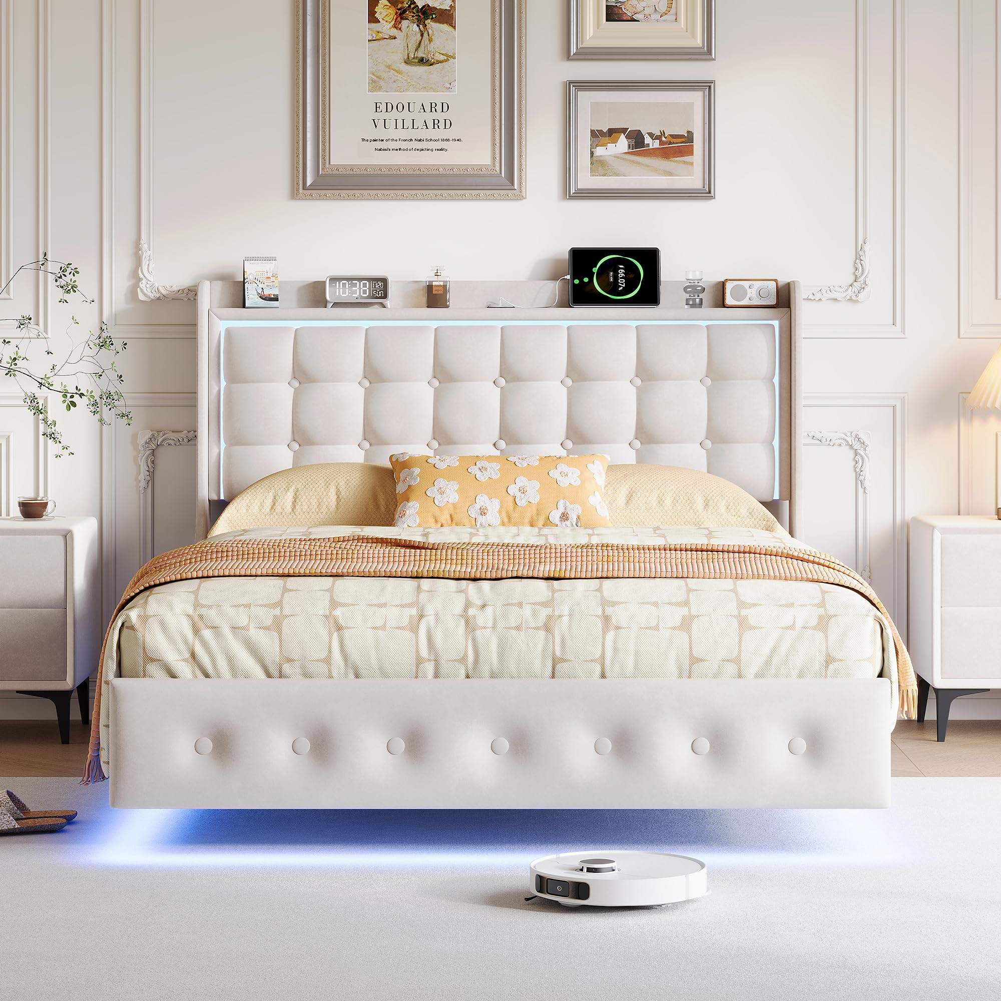 Letto imbottito con effetto galleggiante, LED RGB e porte USB integrate, letto matrimoniale 140 x 200 cm con testiera e rete a doghe in tessuto velluto