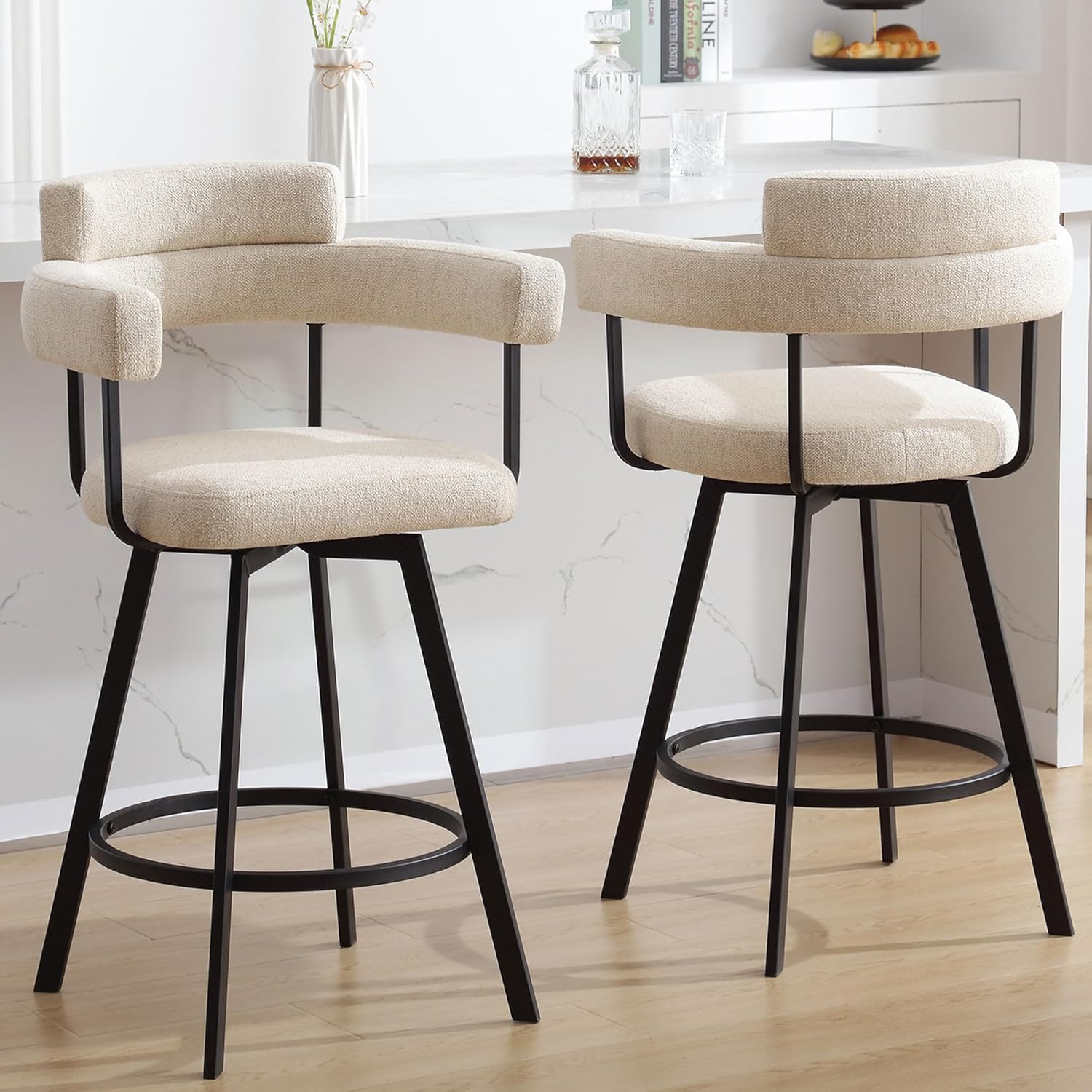Flouki Swivel Bar Stools with Backs and Arms, Modern Bar Stools Set of 2 for Kitchen Island, 26" Upholstered Linen Counter Height Bar Stools for Kitchen Counter, Dining Room, Beige