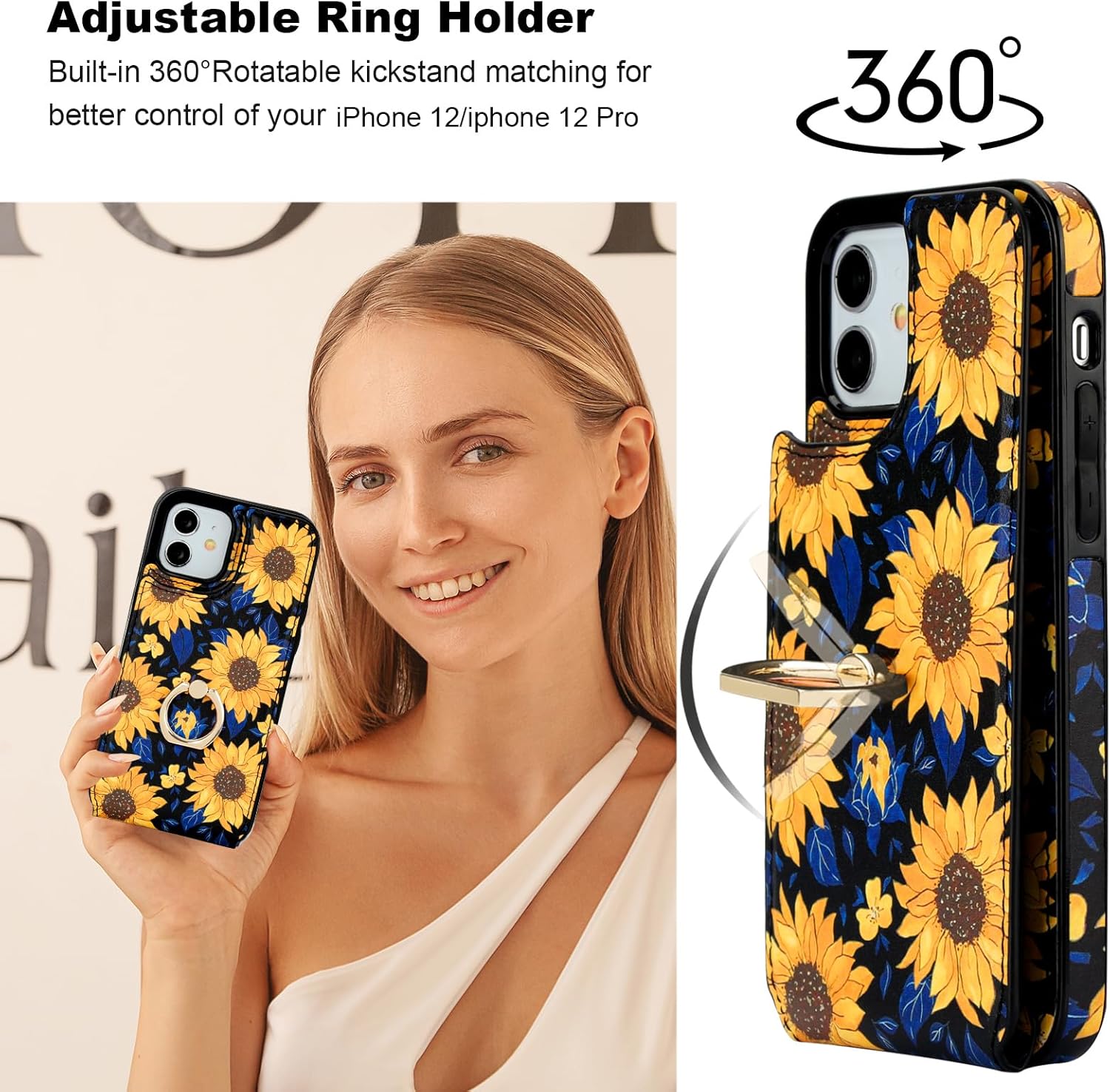 HAOPINSH for iPhone 12/ iPhone 12 Pro Wallet Case with Card Holder, 360°Rotation Ring Kickstand, Blooming Sunflowers Pattern, RFID Blocking Leather for Girls Women, Protective Cover 6.1"