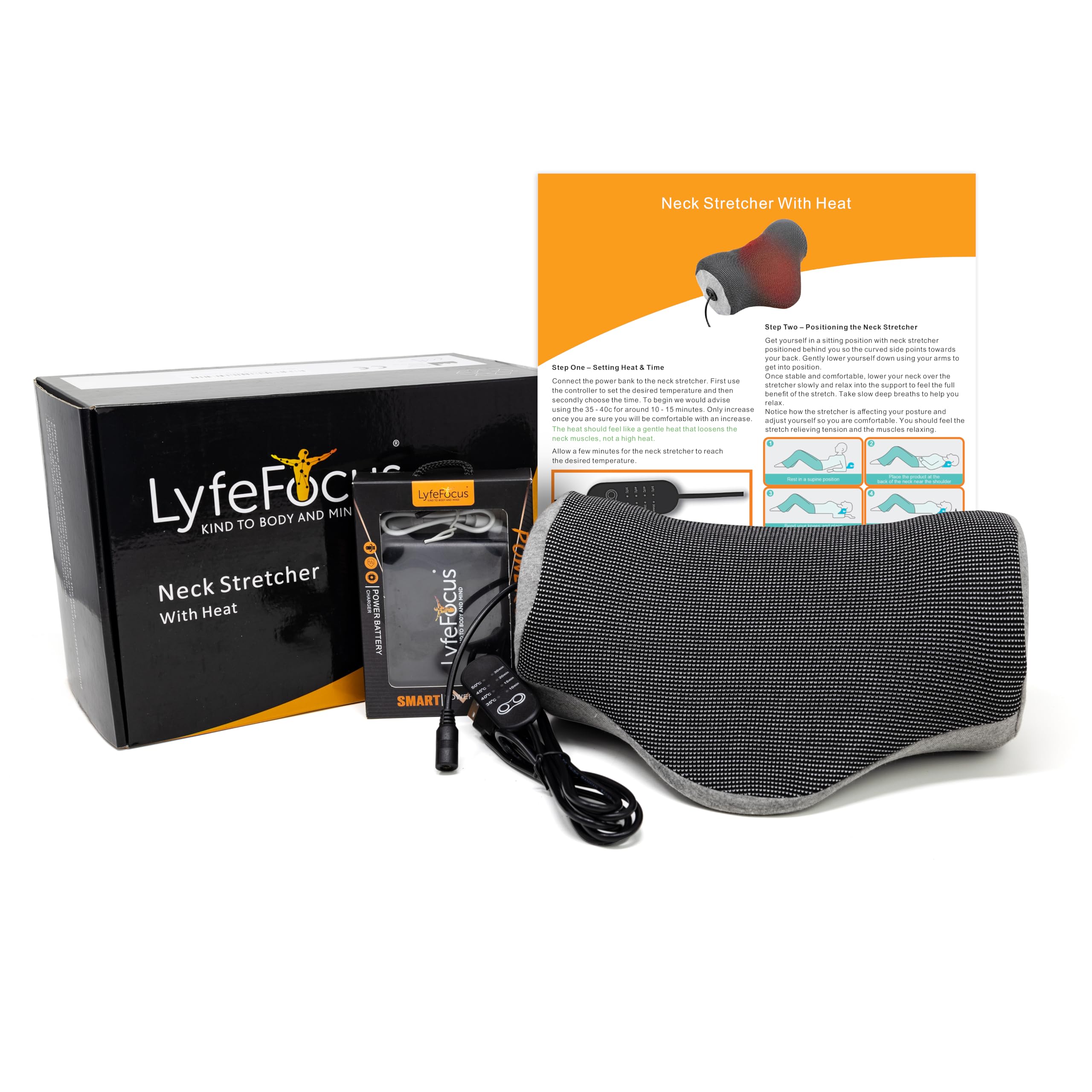 LyfeFocus Neck Stretcher with Heat for Back & Neck Pain - Neck Support Posture Corrector with Firm Nodes Designed to Relieve Muscle Tension (Grey, Heat + Power Bank)