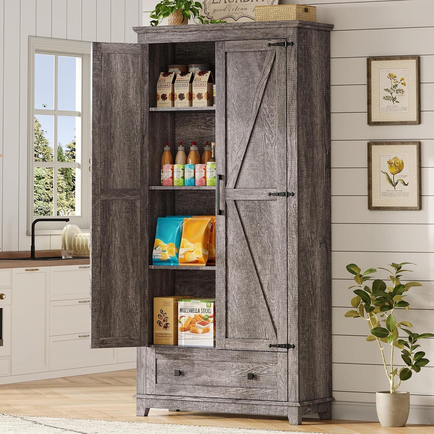 AMERLIFE pantry cabinet with both doors open, revealing adjustable shelves filled with various kitchen items like food boxes, bottles, and snacks.