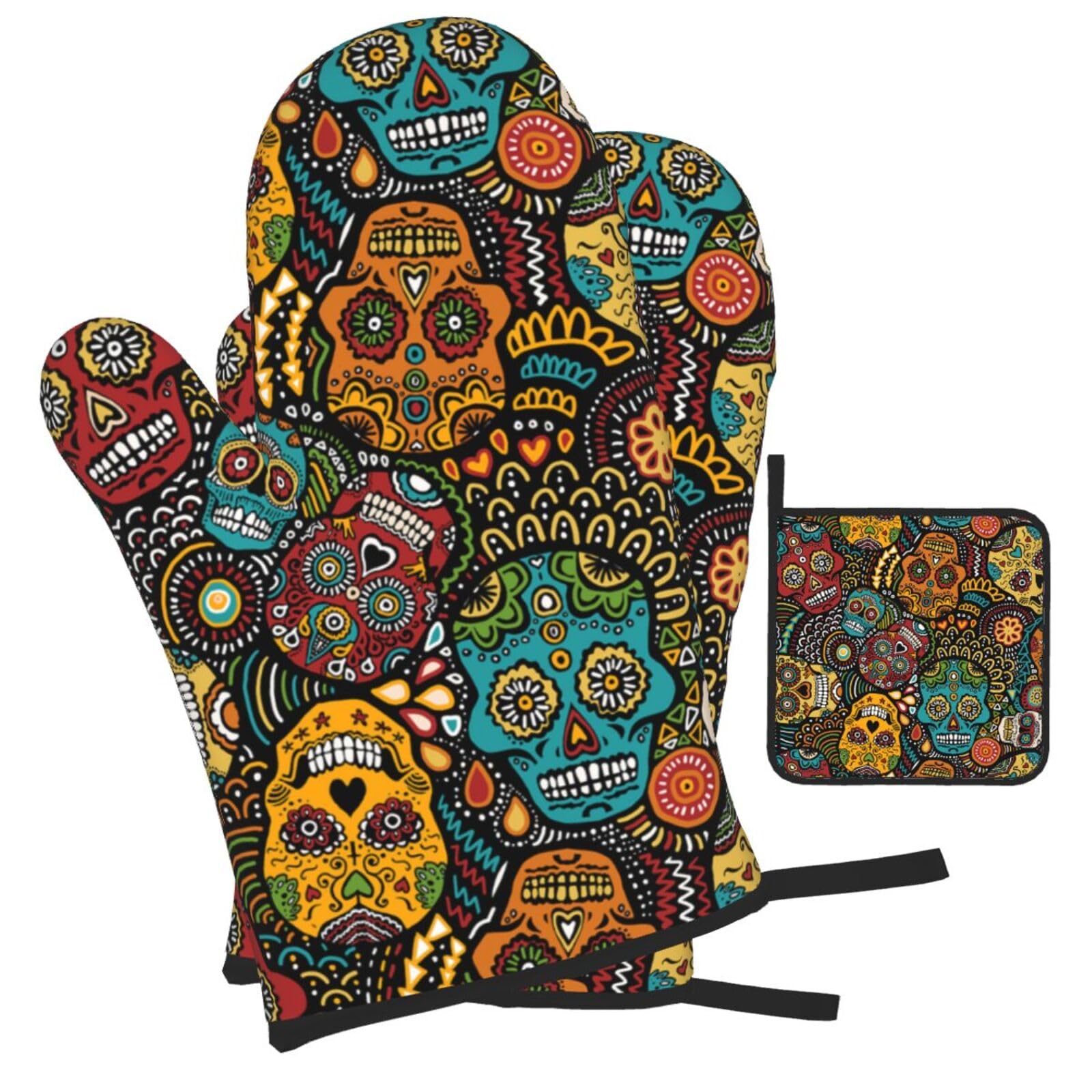 Sugar Skull Print Printed Oven Mitts and Pot Holders Heat Resistant Set of 3 Pcs, Modern Kitchen Gloves & Potholders for Cooking Baking Grilling