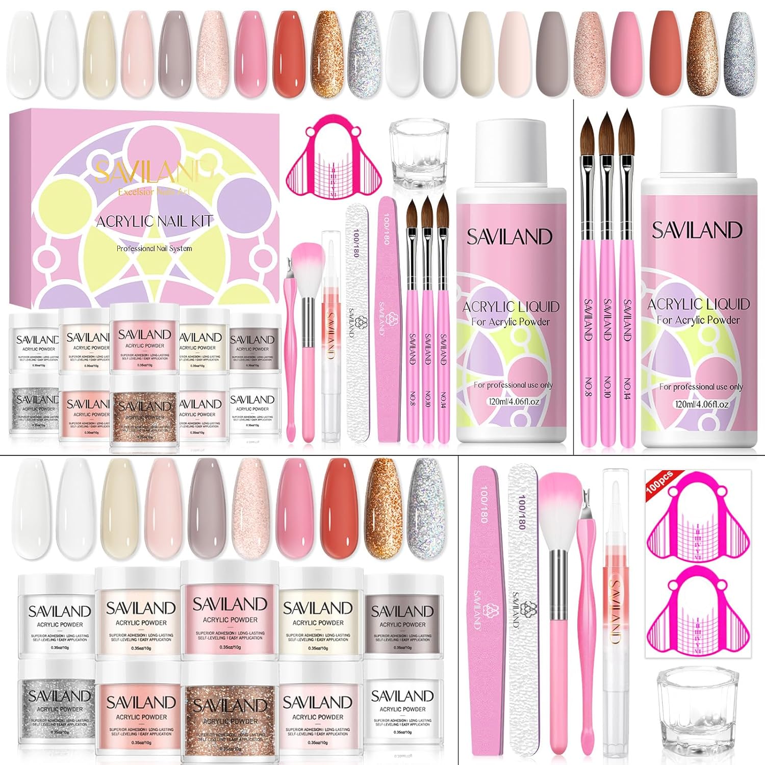 Saviland Acrylic Nail Set 10 Colors Glitter Pink Acrylic