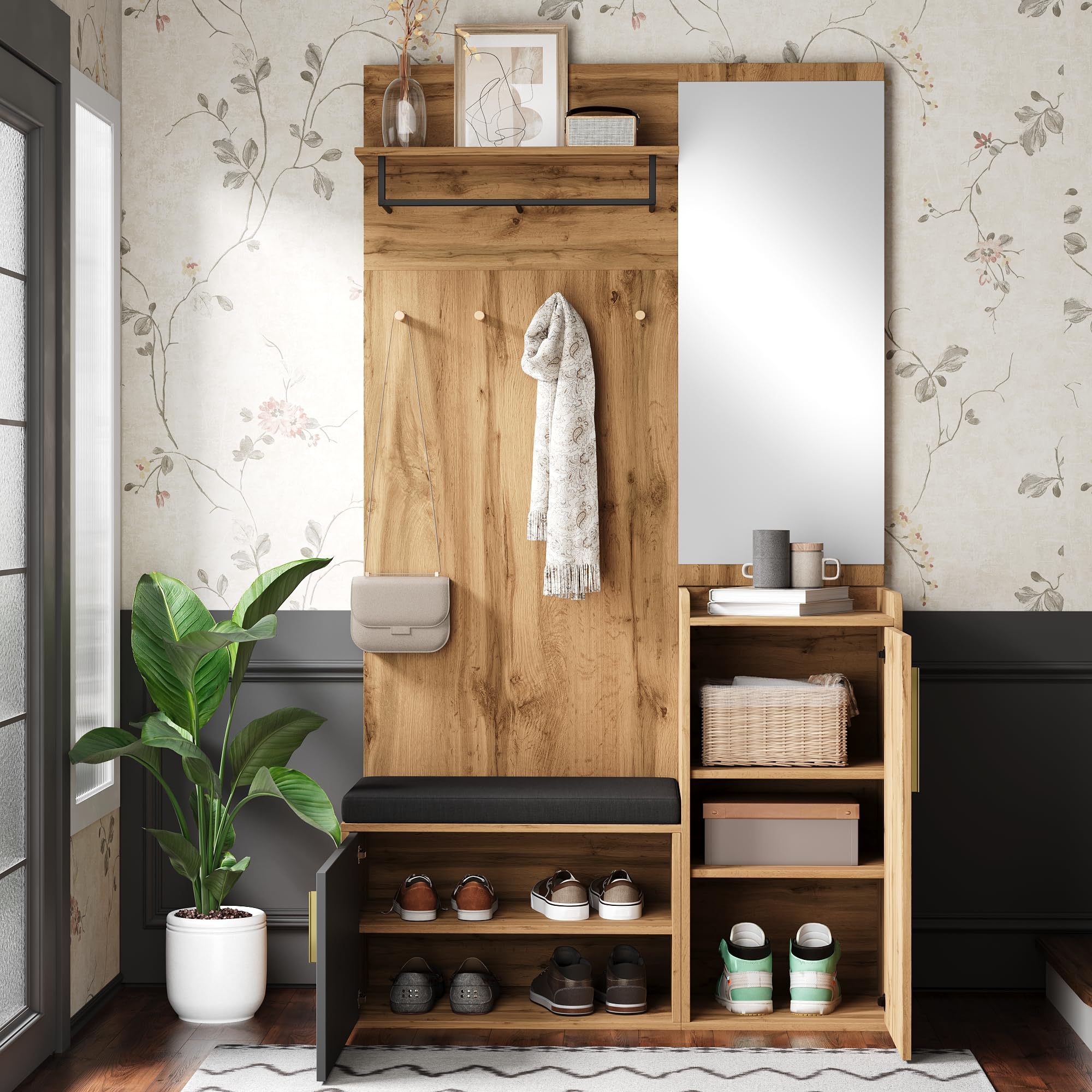 Kompaktgarderobe mit Spiegel und Sitzbank 100x38x185 cm Holzoptik Flurgarderobe Set
