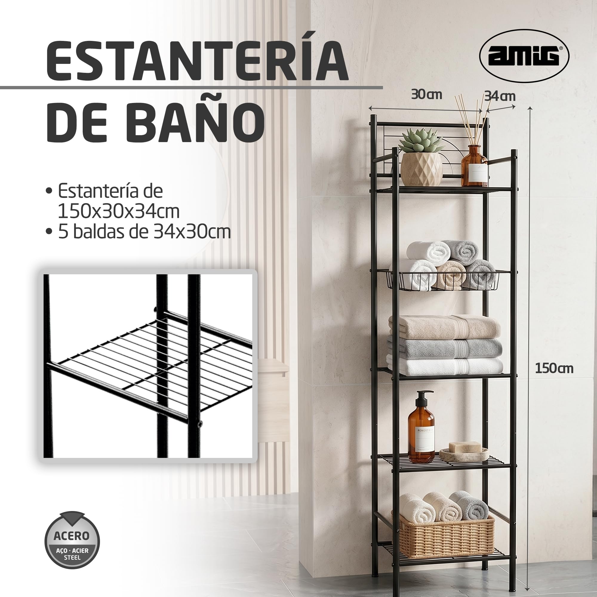 Amig - Estantería de baño Mod. ORIA - 5 Alturas - Fabricado en Acero - Color Negro Mate - con Patas Ajustables - para Espacios pequeños - 34 x 30 x 150 cm