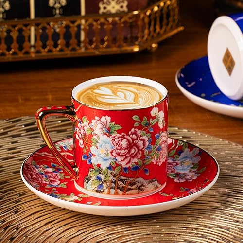 Miniatura 5 de KAMMAK Juego de 2 tazas de té y platillos, tazas de café de porcelana con platillo para espresso, capuchino, taza de cerámica vintage de 7.5 onzas