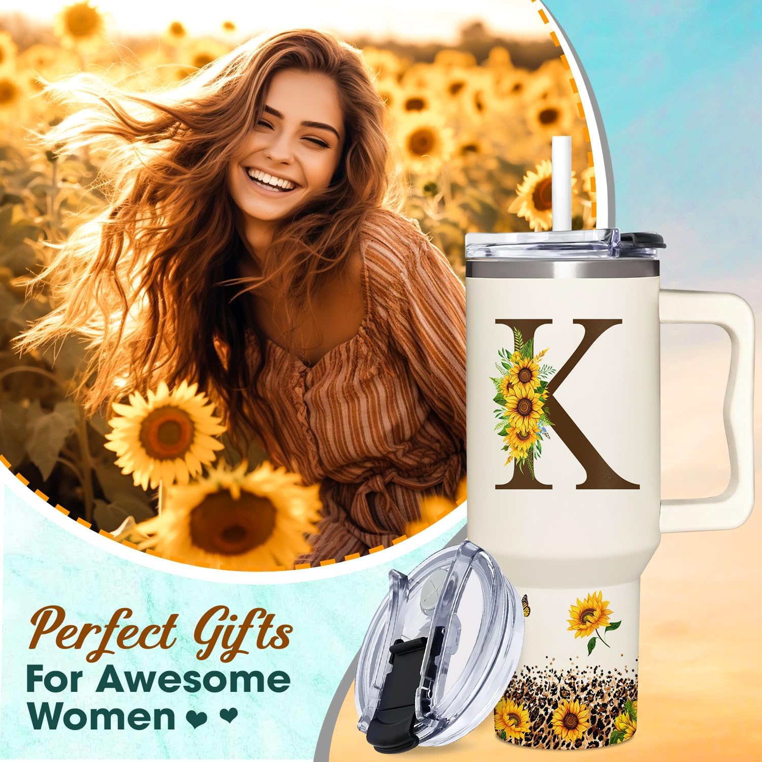 Personalized Gifts For Women - Sunflower Gifts For Women - Valentines Day Gift For Her - Birthday Gift, Mother's Day Gift For Mom, Her, Sister, Wife, Lady - Monogrammed Tumbler 40oz - Image 2