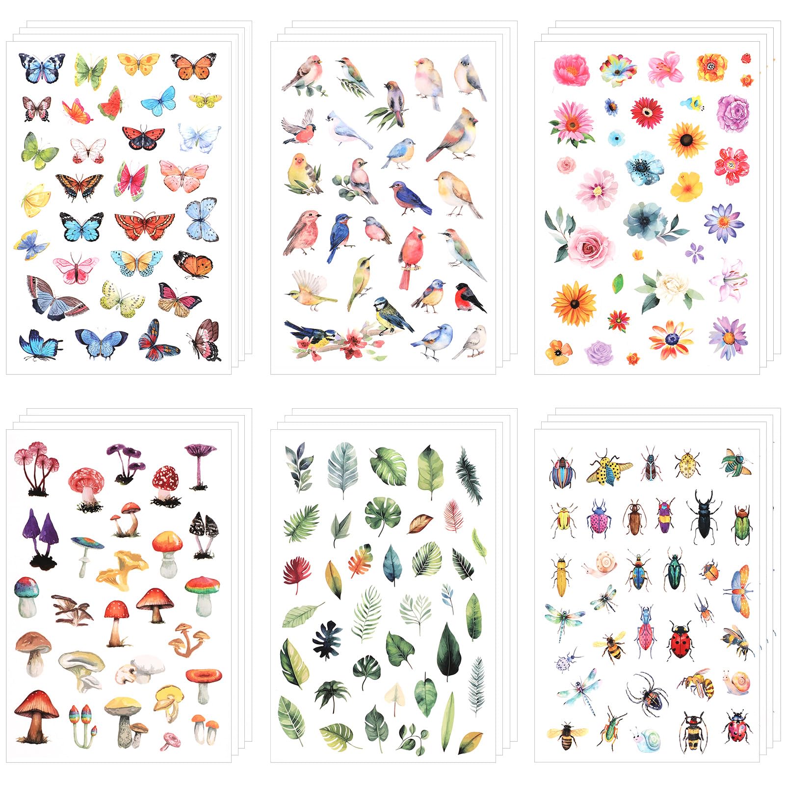 24 Hojas de Pegatinas Surtidas, 6 Estilos de Pegatinas de Primavera, Mariposas, Pájaros, Flores, Hojas, Setas, Animales, Pegatinas para Decoración de Diarios de Álbumes de Recortes para Niños
