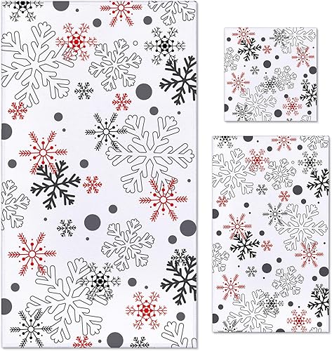 Juego de 3 toallas de baño de Navidad, color gris y rojo, copos de nieve, toallas de mano de Navidad, toallas faciales suaves y absorbentes para