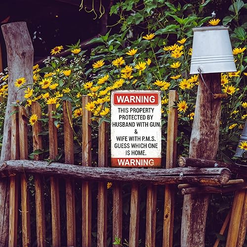 Miniatura 7 de Letrero divertido de "No Trespassing", letreros de metal de advertencia de estaño, This Property Protected by Husband with Gun, letrero de patio,