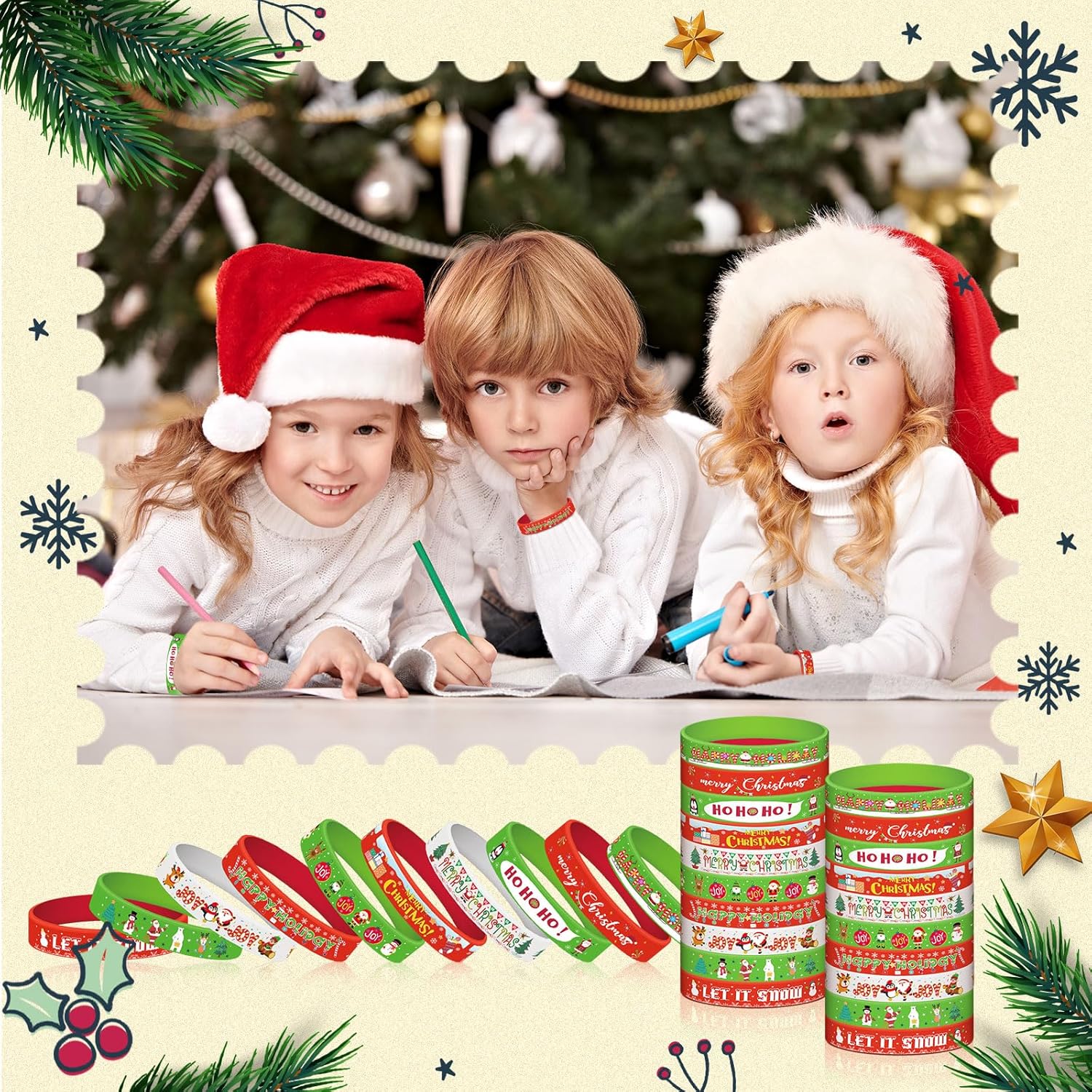 Syhood 300 Pieces Christmas Silicone Bracelets Bulk Xmas Rubber Wristbands Gift for Christmas Party Favors for Kids Adults Stuffers Fillers Classroom Supplies