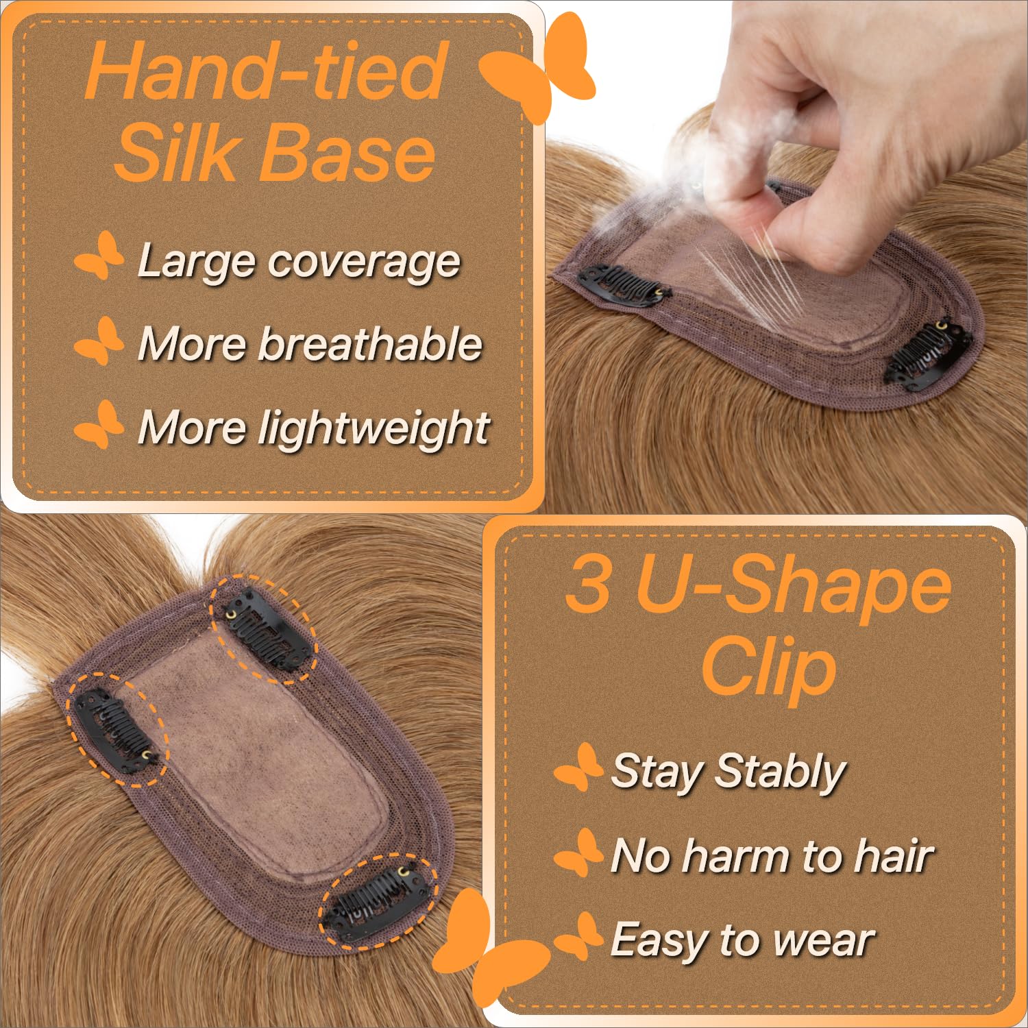 Human Hair Toppers for Women, 150% Density Hair Topper with Bang, No Tangle & Smooth, Upgrade 7x13cm Silk Base, 12 Inch #06 Light Brown