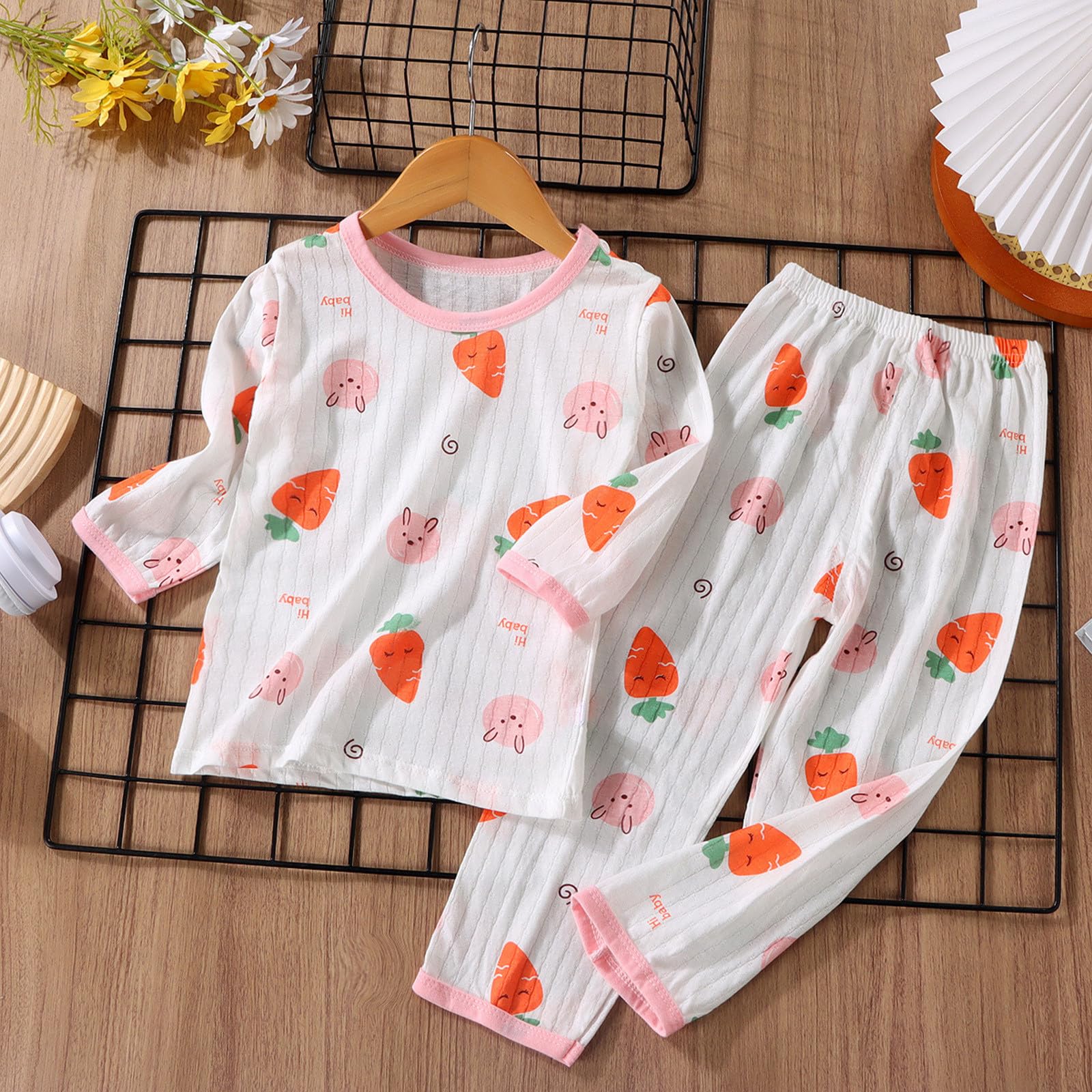 Pijamas de Manga Larga Conjunto de Pijama Traje de Algodón Infantil de Verano Ropa de Casa para Bebe Ropa de Aire Acondicionado Estilo Coreano Para Niños Y Niñas Pijamas Finos Para Niños Y Niñas