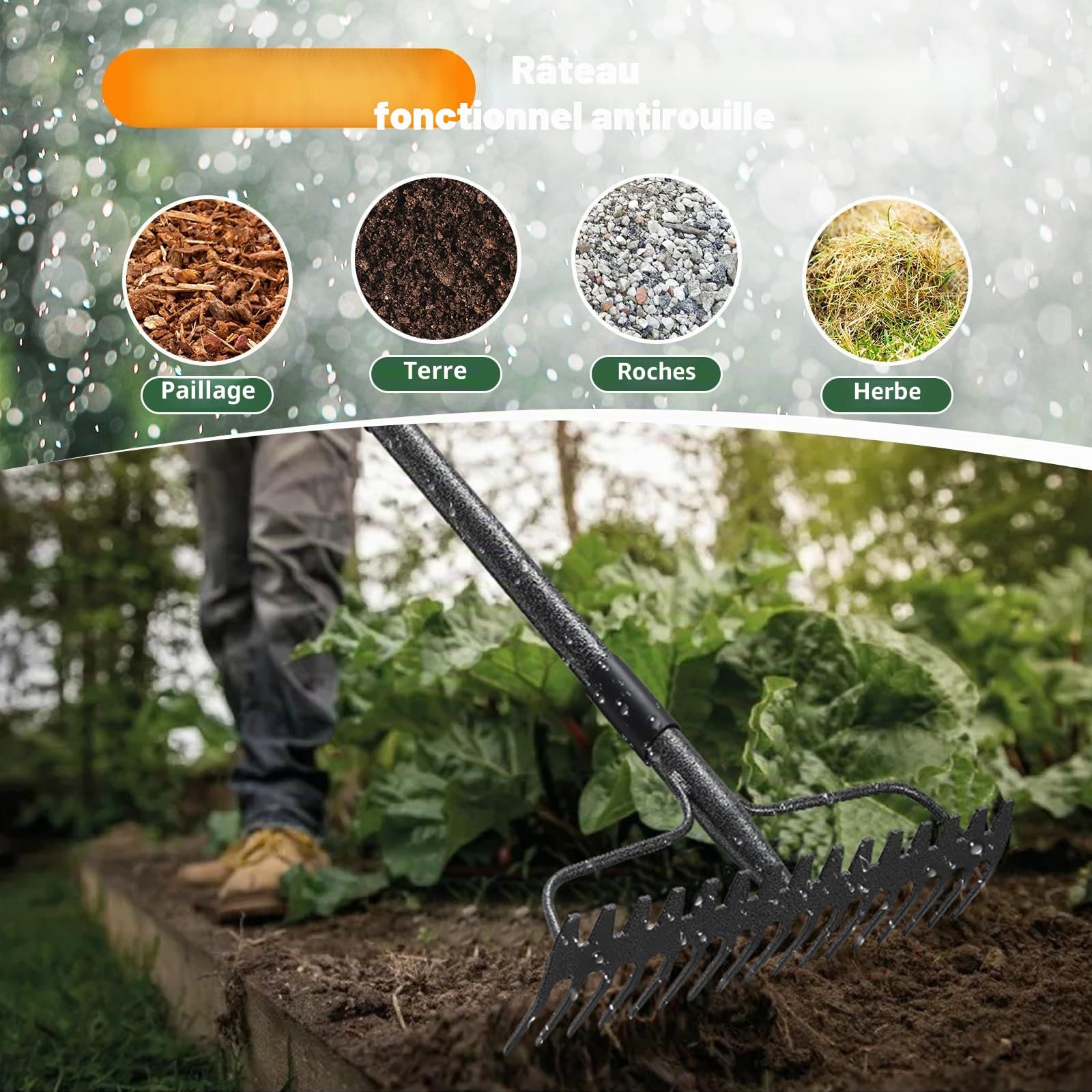 Râteau de jardin 150 cm - Râteau en métal robuste avec manche et 17 dents pour gazon, feuilles & sol | Râteau à gazon pour aérer, niveler & désherber | Râteau à foin durable pour cour