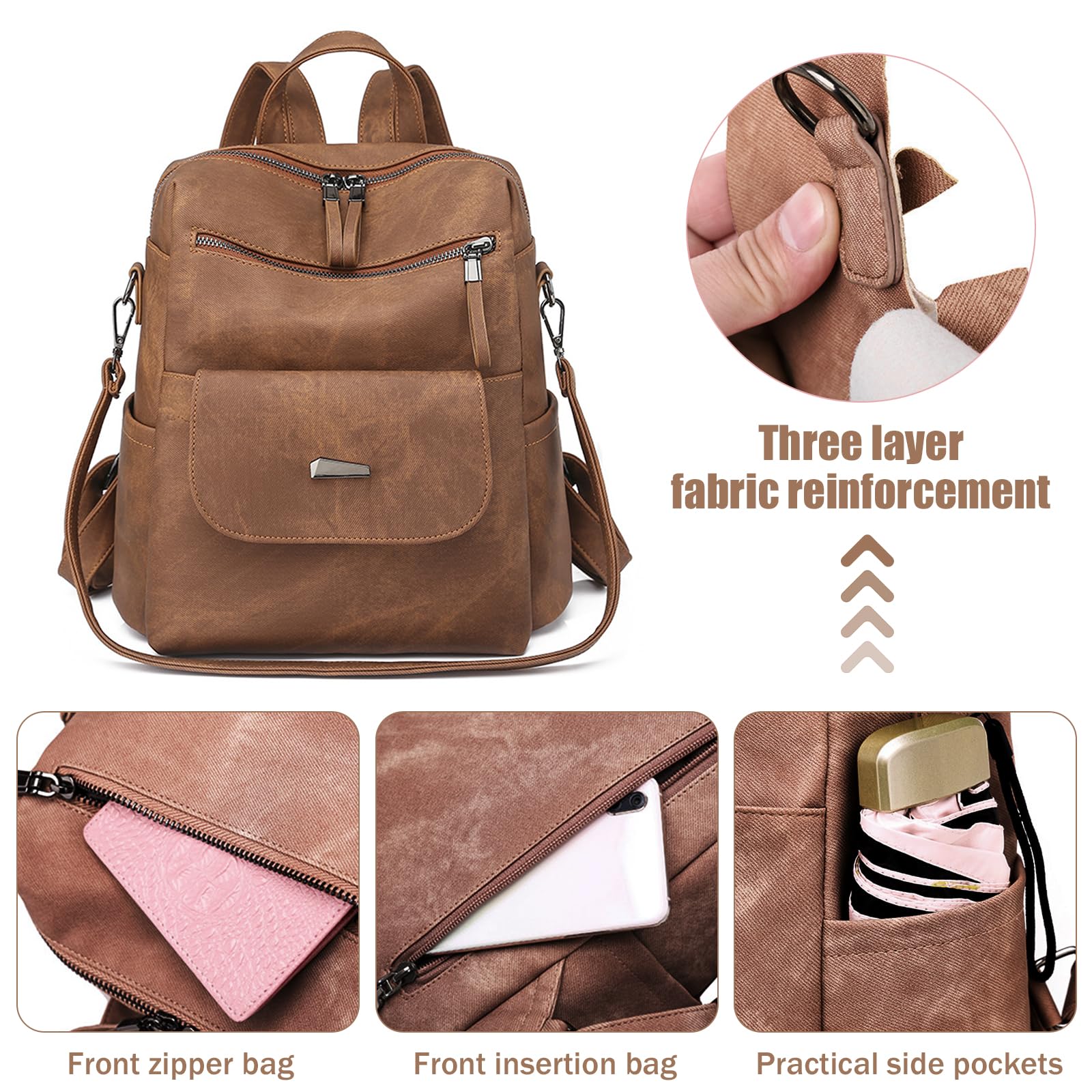 Mochila Impermeable de Cuero para Mujer, Bolso Mochila Antirrobo Mochilas Escolar Moda, Retro Bolsos Mochila para Mujer Casual Backpack, Mujer Mochila Monedero de Viaje Gran Capacidad