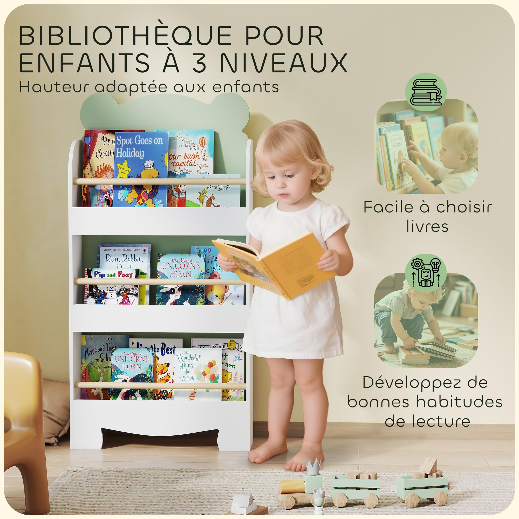 AIYAPLAY Bibliothèque pour Enfant, Rangement Livre Enfant 3 Niveaux, Meuble de Rangement en Forme d'ours, étagère Chambre pour Salle de Jeux, Vert
