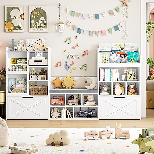 Miniatura 8 de FINETONES Estantería infantil de 75 pulgadas de ancho con rincón de lectura, organizador grande de juguetes con cojín de asiento y 2 cajones