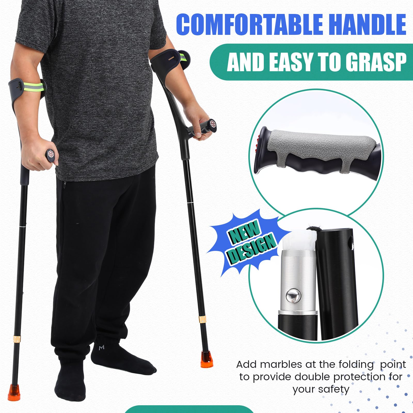 Geiserailie 2 muletas de antebrazo para adultos, muletas plegables ligeras y ajustables con empuñaduras de goma para un agarre cómodo, bastón de antebrazo de aluminio con puños para caminar, color