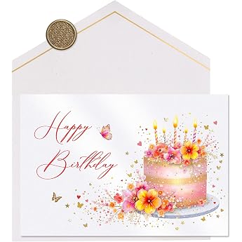 Joli Coon Papeterie Happy Birthday Stardust Pink Cake Birthday Card with FinePaper Envelope and Real Wax Seal 17 x 11.5 cm