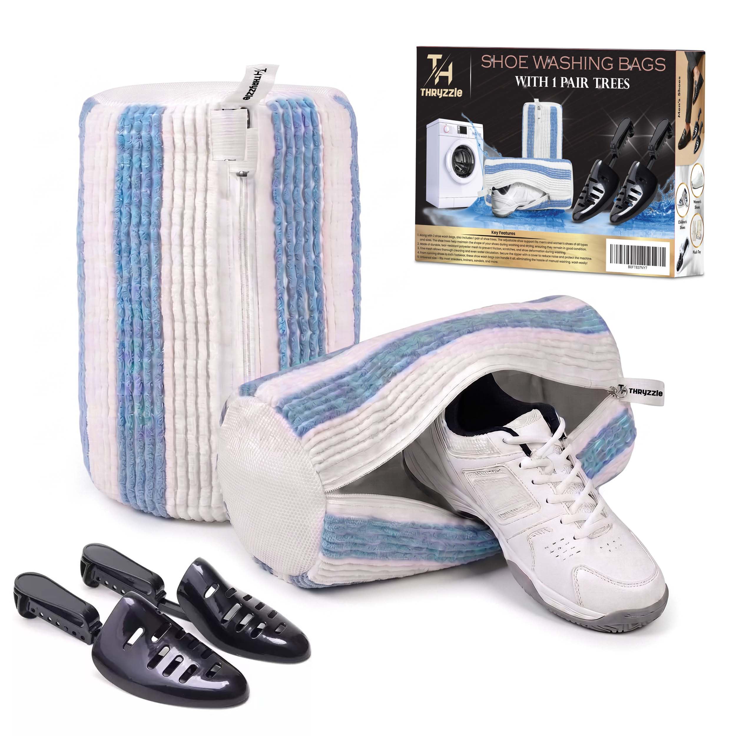 Thryzzle Shoe Washing Machine Bag - 2 Pcs Trainer Wash Bag with 1 Pairs Shoe Trees, Durable 360° Protection Hidden Zipper, Laundry Bag for Sneaker Cleaning - Heavy-Duty Reusable Washer